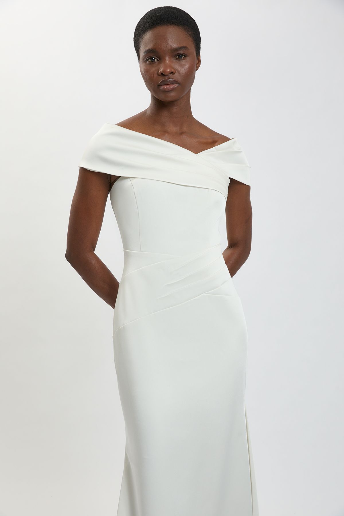 Karen Millen Womens Tailored Satin Drape Asymmetric Maxi Fishtail Dress - White