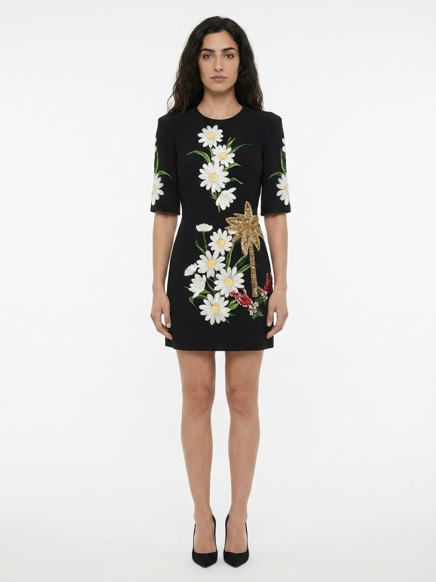 Daisy-Embroidered Wool Dress — Black