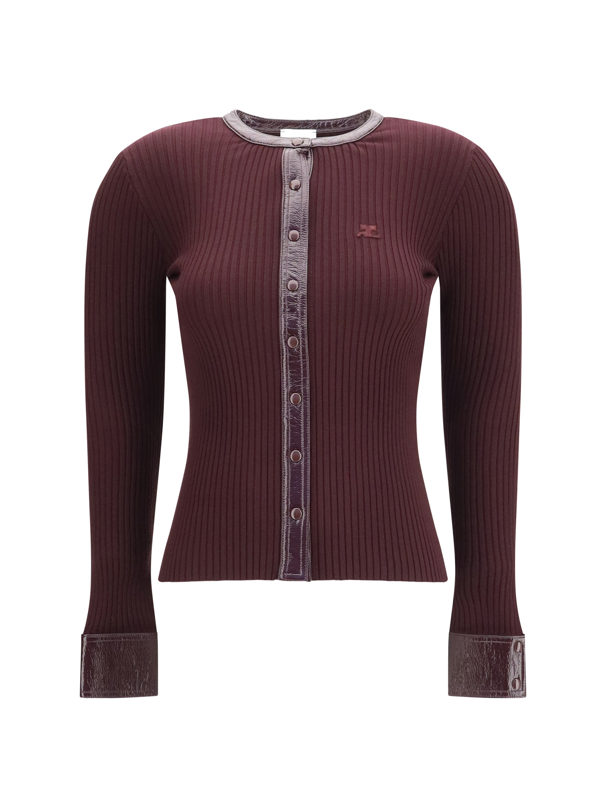 Vinyl and Ribbed Knit Cardigan — Burgundy
