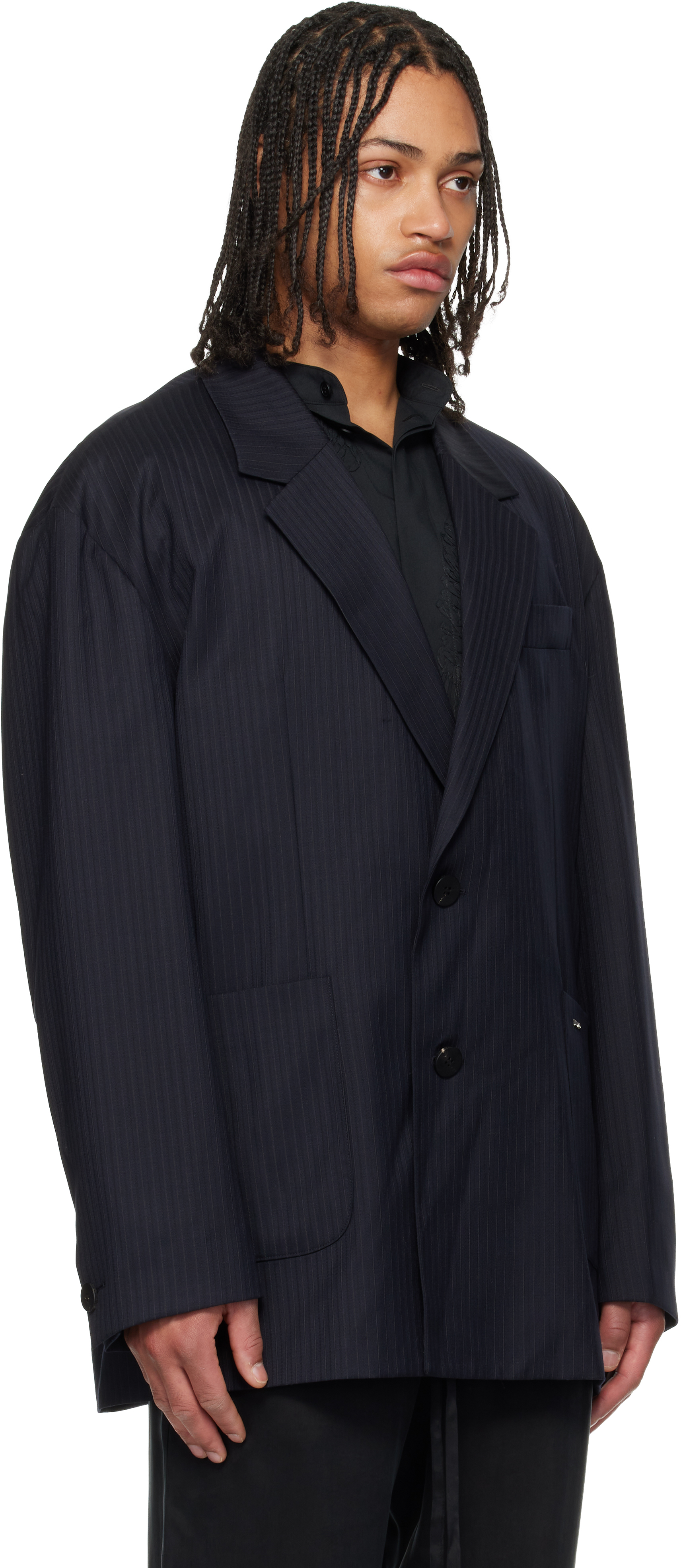 Navy Wool Stripe Wide Blazer