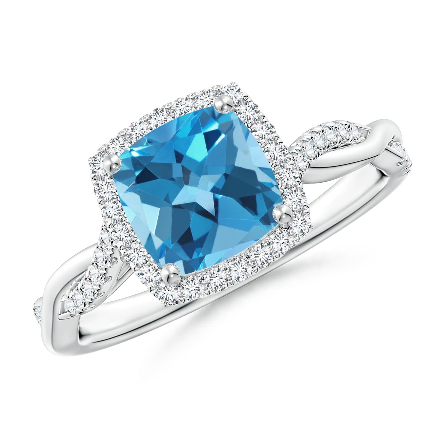 Angara 1.85 Carats Twisted Shank Cushion Swiss Blue Topaz Halo Engagement Ring in Platinum