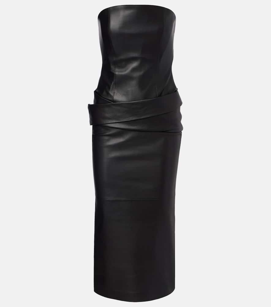Strapless leather midi dress