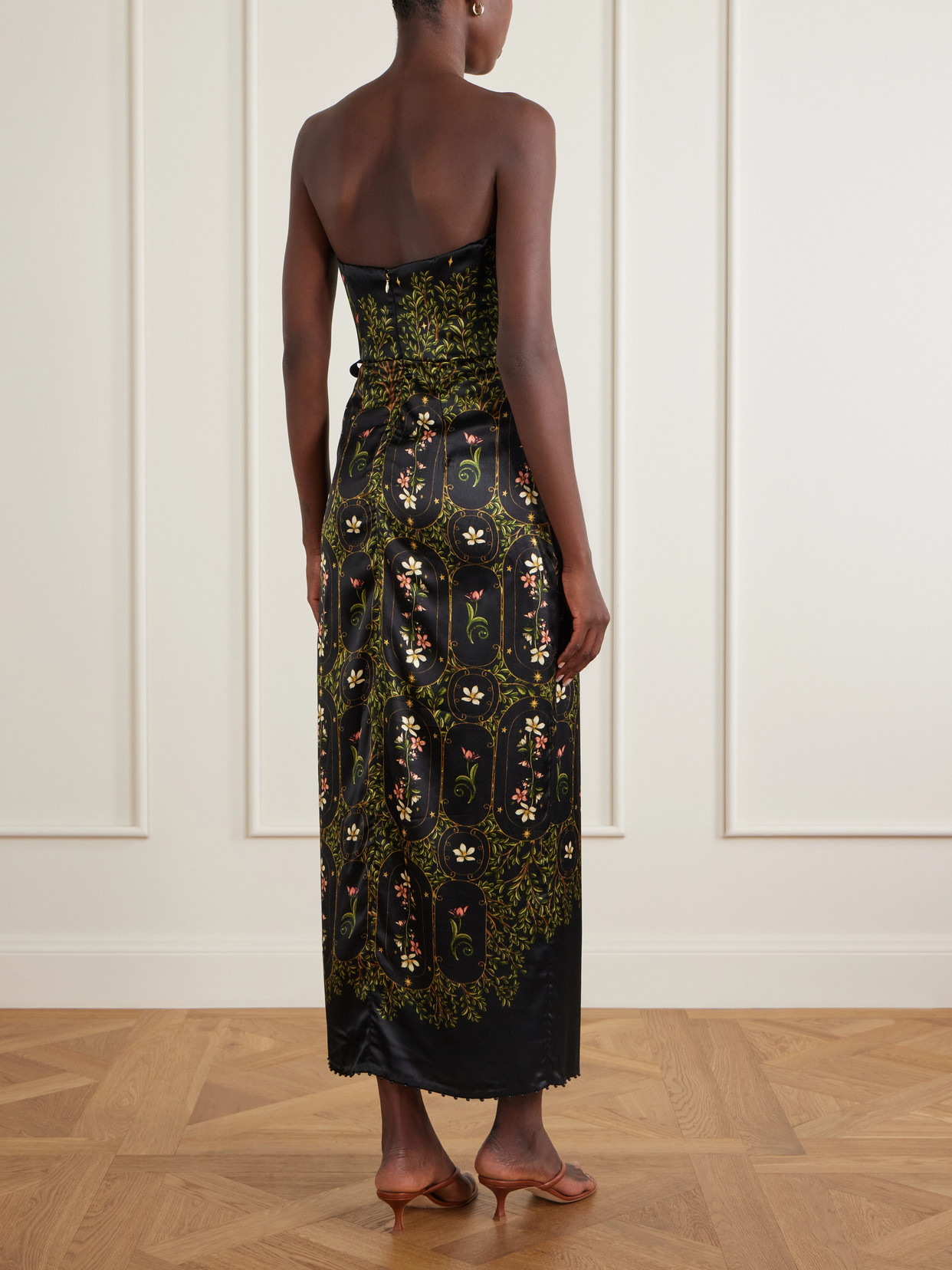 Floral-print Embellished Satin Midi Dress - Black