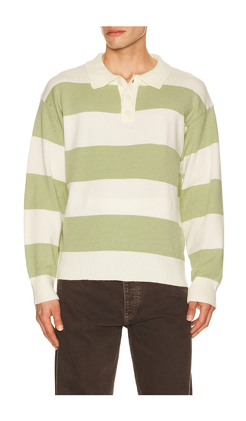 Central Park West Theo Striped Rugby Sweater in Green. L. Also in M, S, XL/1X