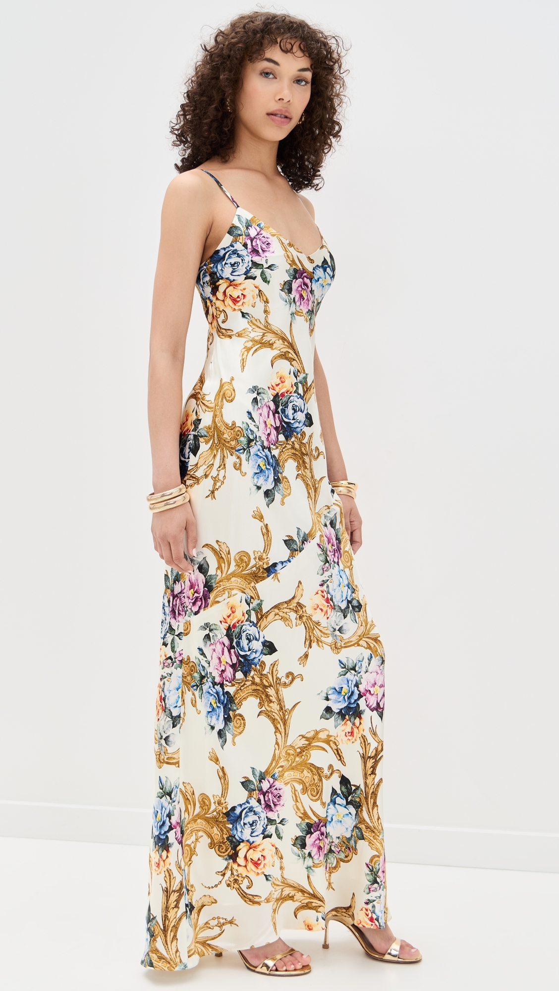 Serita Maxi V Neck Bias Dress Vintage White Large Floral Bar