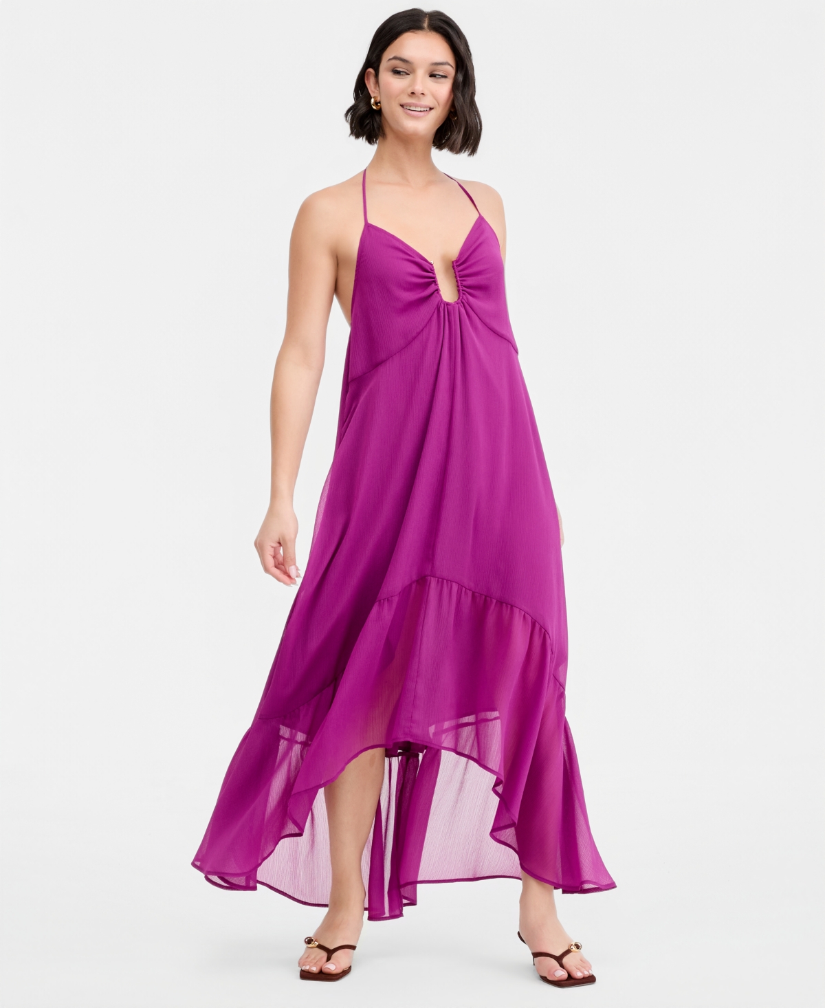 Women's Chiffon Halter High-Low Maxi Dress, Macy's Exclusive - Burnished Berry