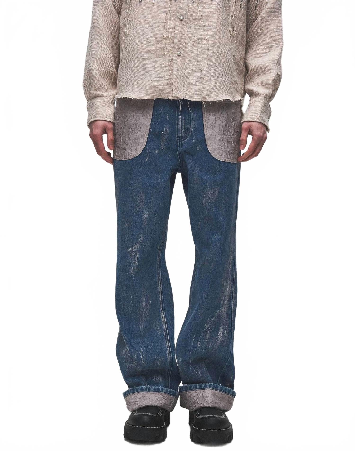 Embossed Washed Denim Straight Jeans In Blue