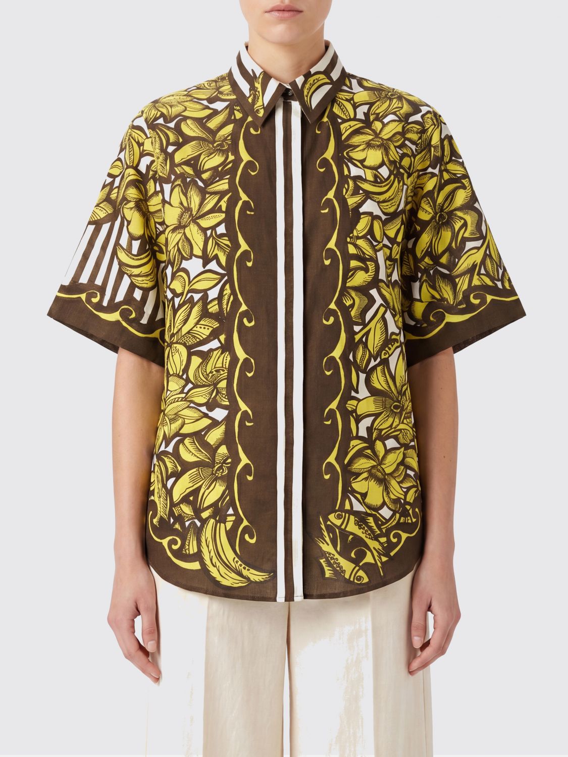 Floral Print Short-Sleeve Hemp Shirt with Logo