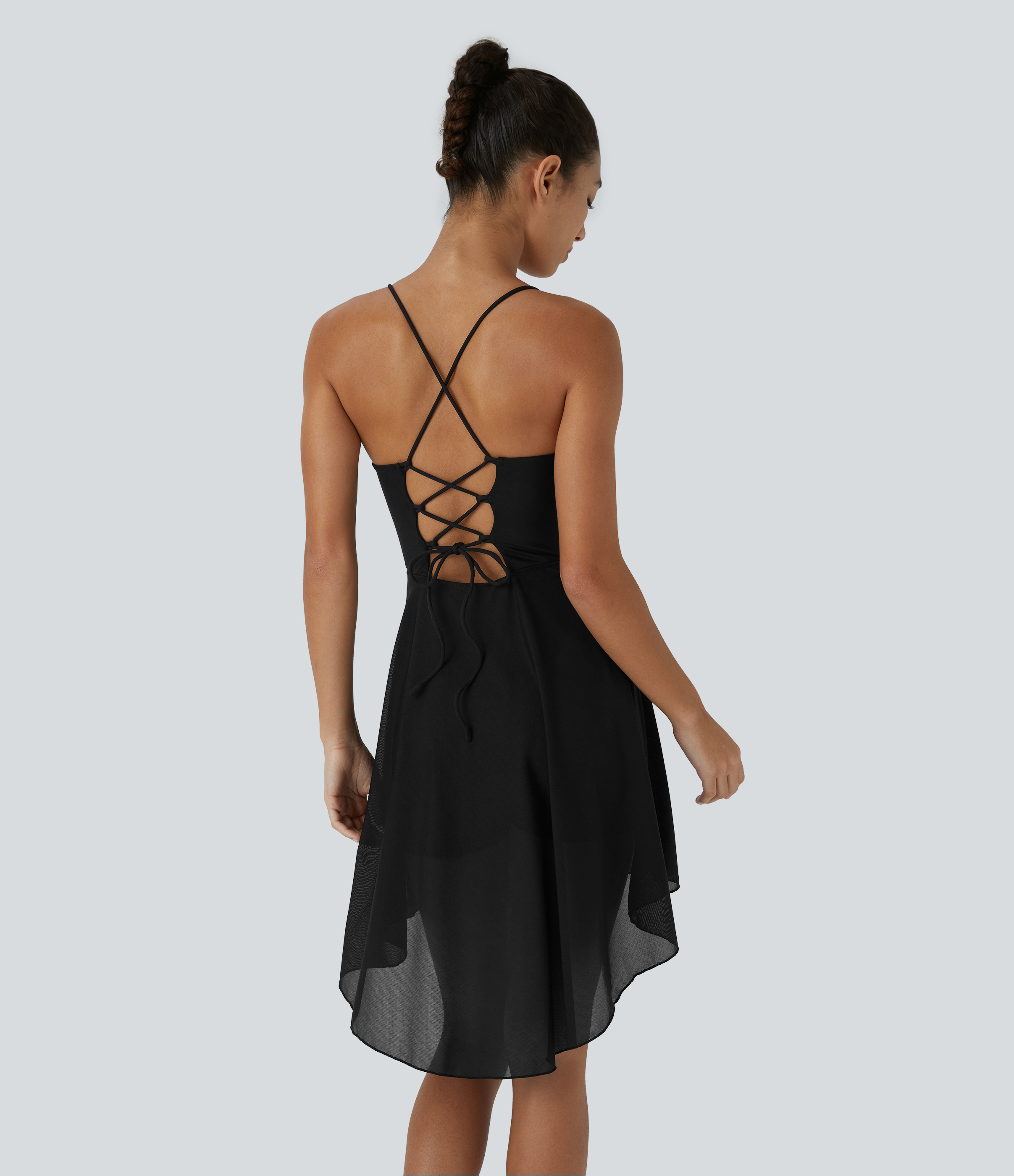 Lace Up 2-in-1 Pocket High Low Contrast Mesh Flowy Low Support Mini Dance Active Dress A-C Cups Workout Dress - Black