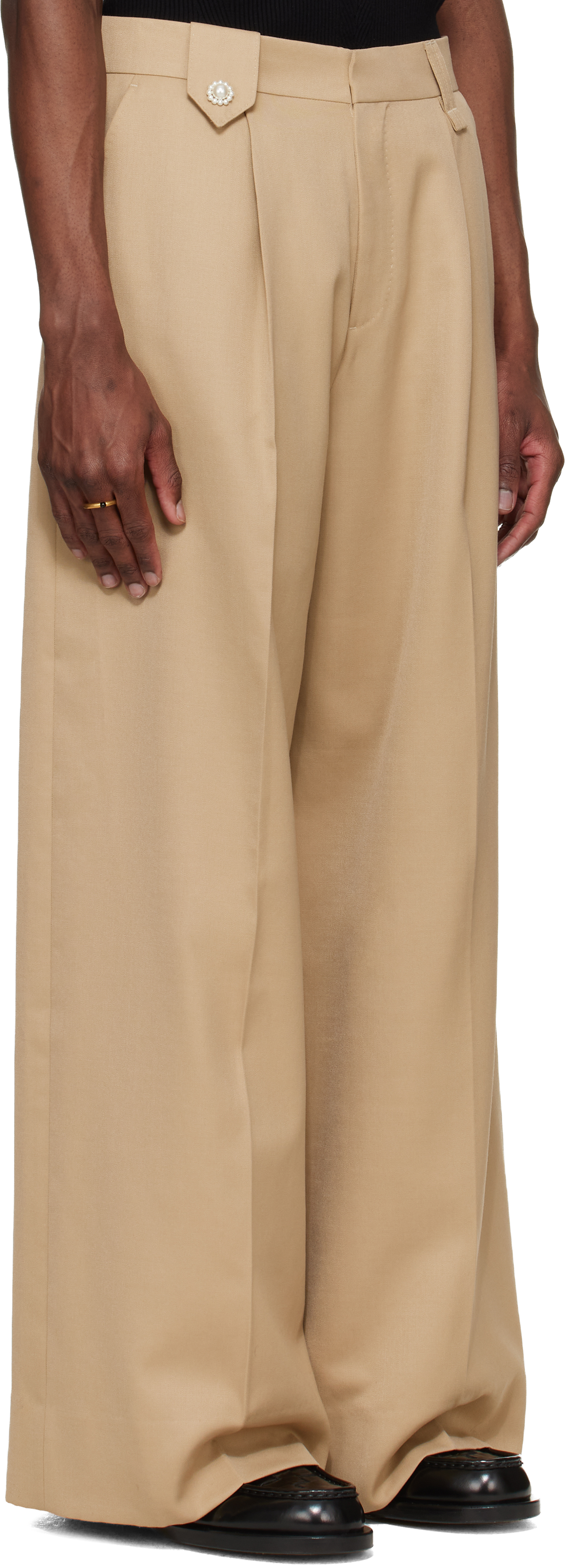 Beige Wide Leg Belt Loop Tab Trousers