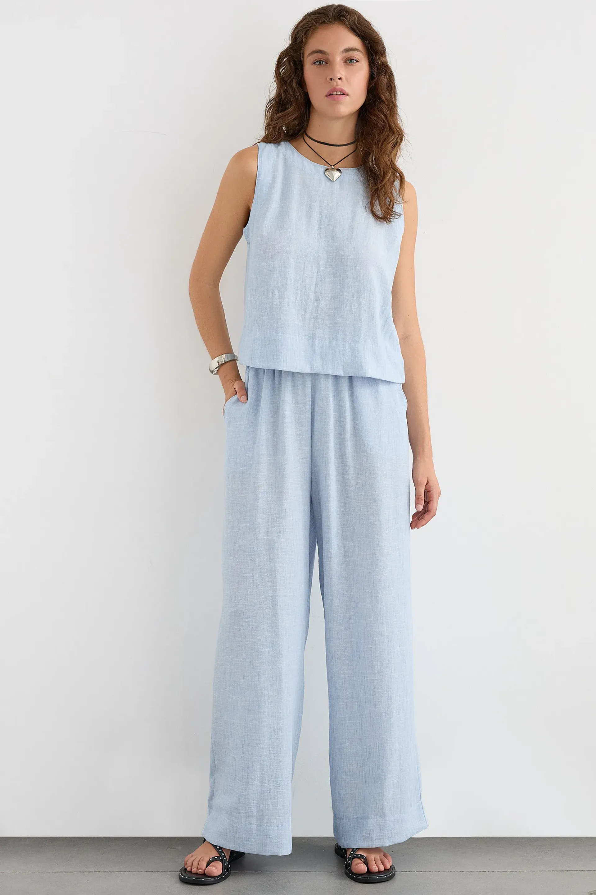 Blue 2 Pieces: Round Neck Linen Sleeveless Blouse & High Waist Wide Leg Trousers Women