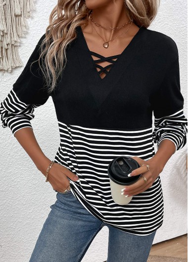 Modlily Black Criss Cross Striped Long Sleeve T Shirt