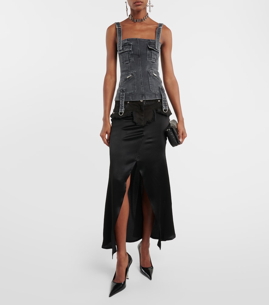 Denim-trimmed satin maxi skirt