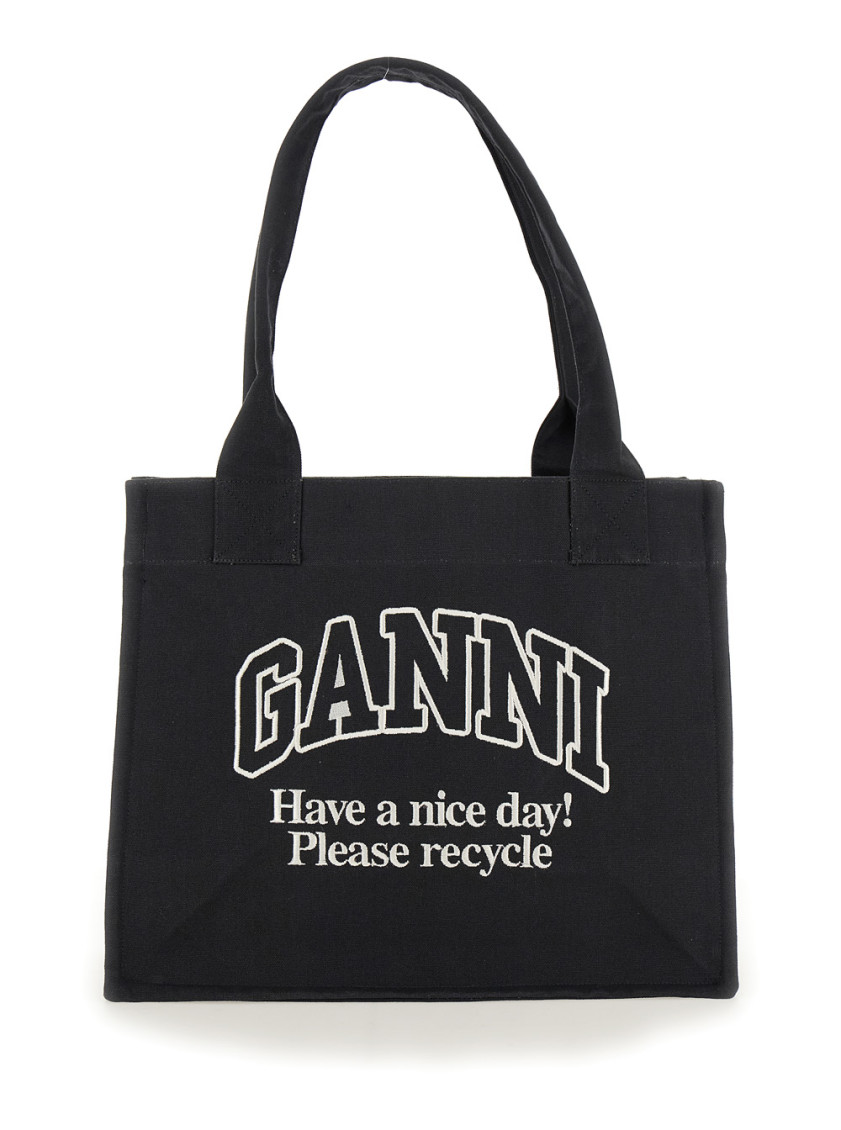 Black Logo Embroidered Canvas Tote Bag