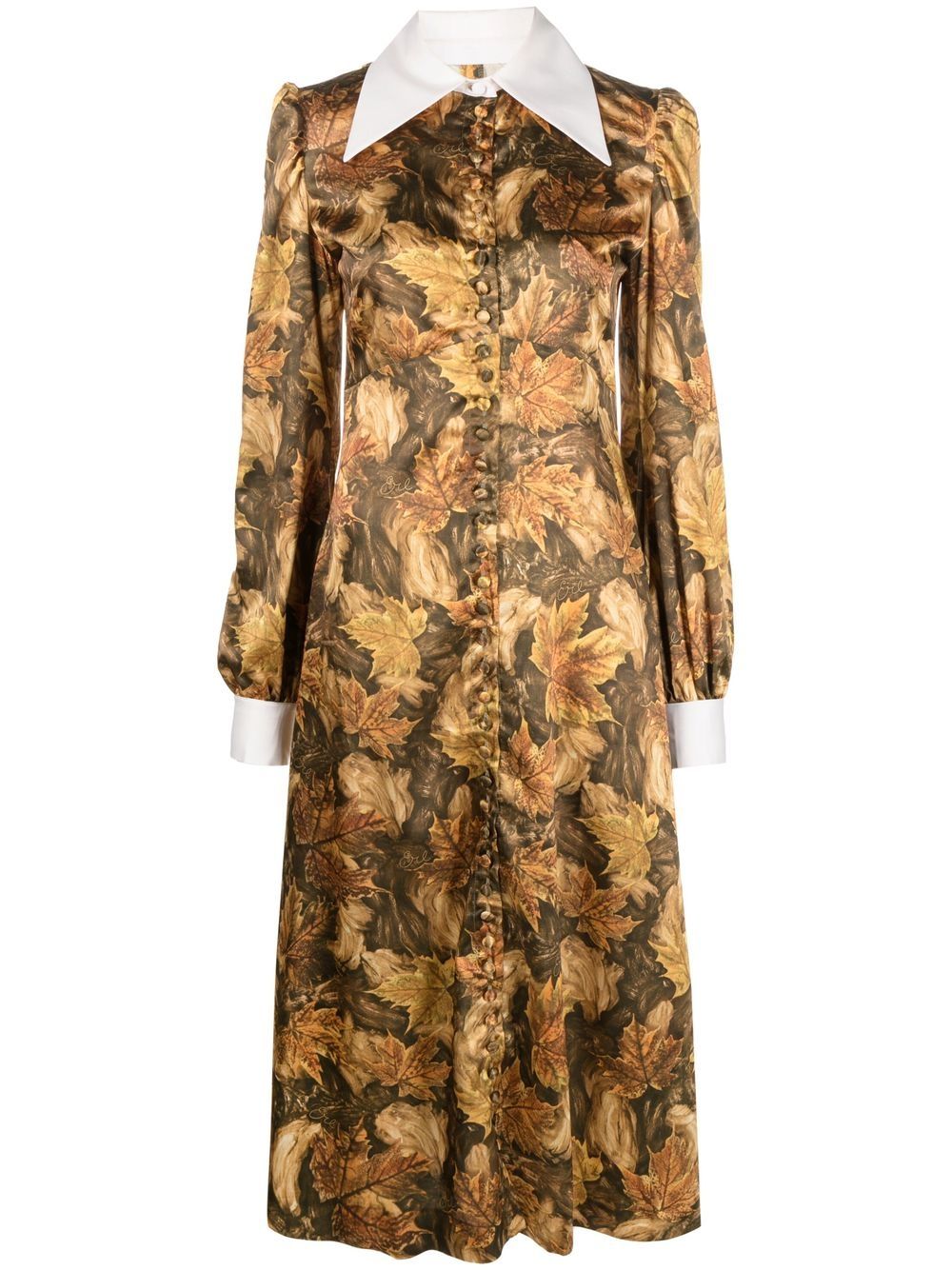 Leaf-print shirt dress - Brown