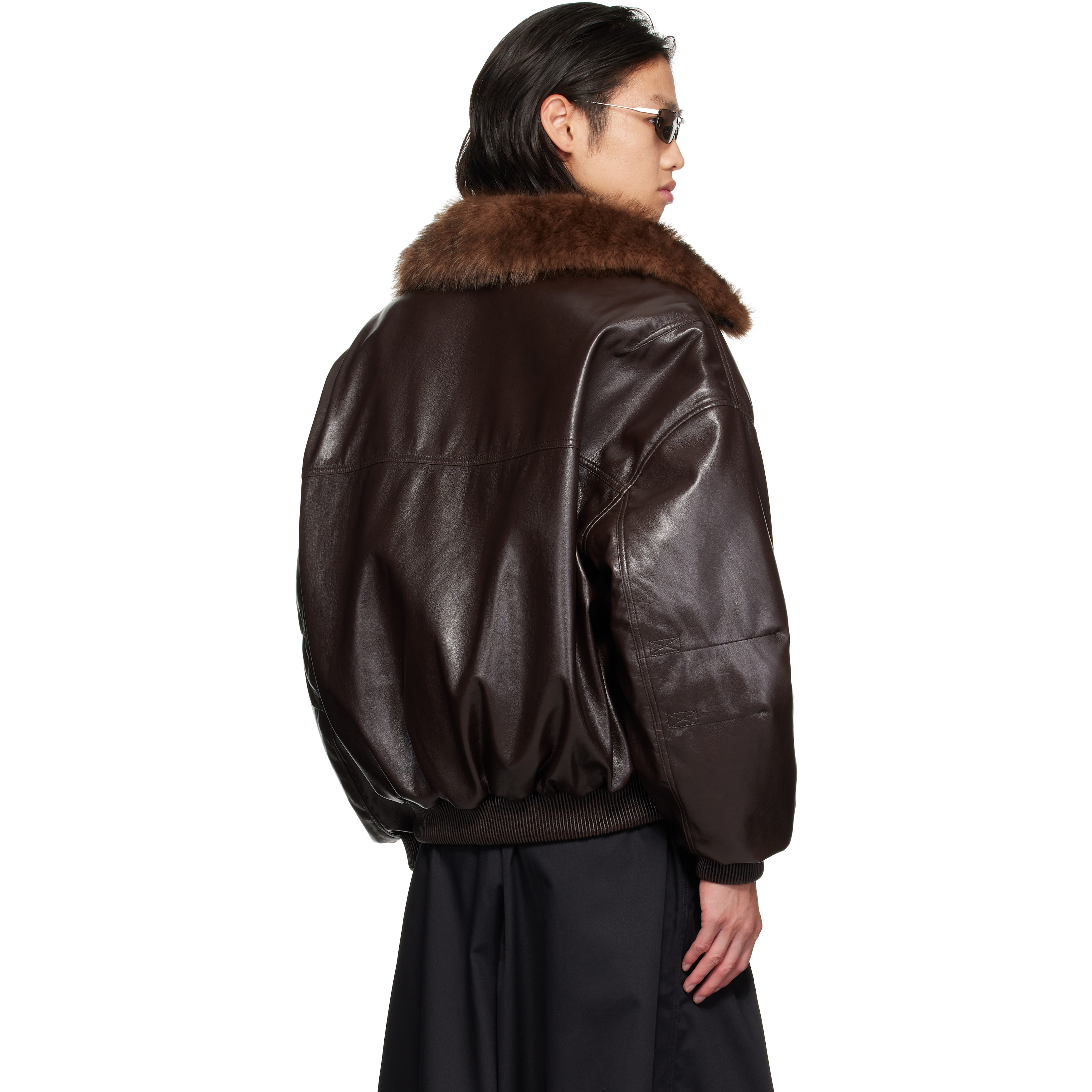 Brown Faux-Leather Cargo Flight Jacket
