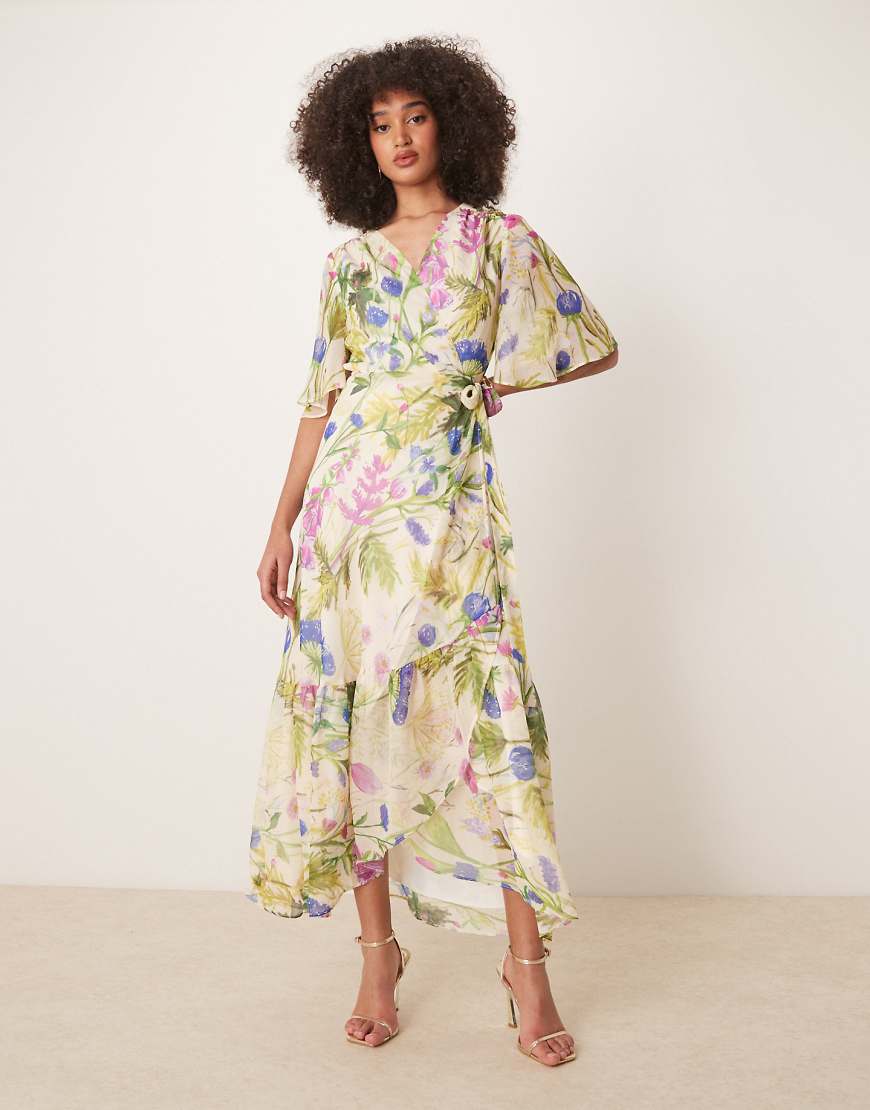 Hope & Ivy frill sleeve maxi wrap dress with tie waist in white print
