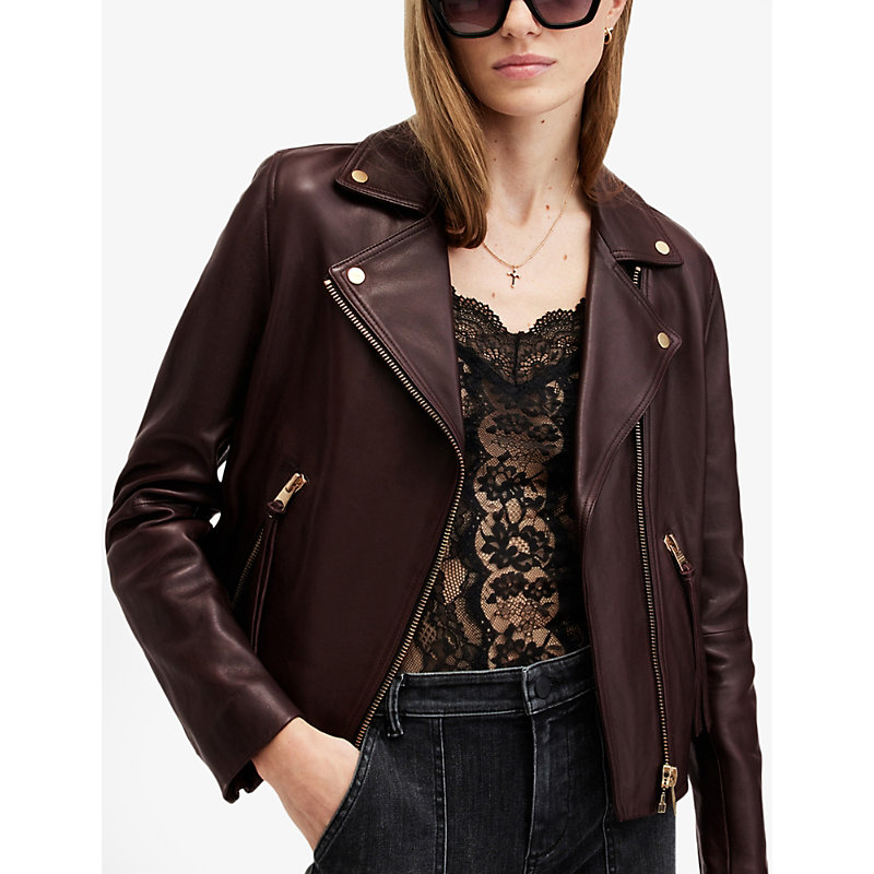 Womens Oxblood Red Dalby Regular-fit Cropped Leather Biker Jacket