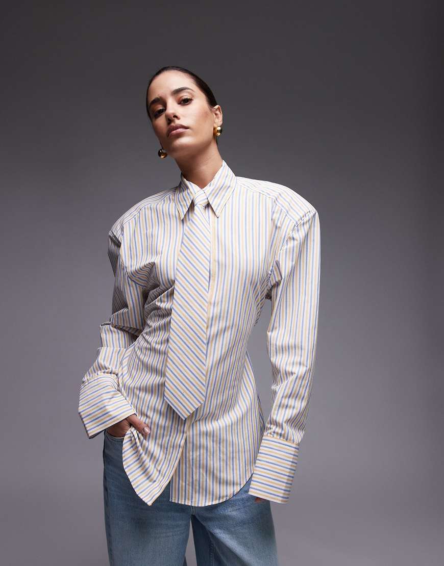 ASOS DESIGN cinch waist shirt with shoulder pads and necktie in yellow stripe
