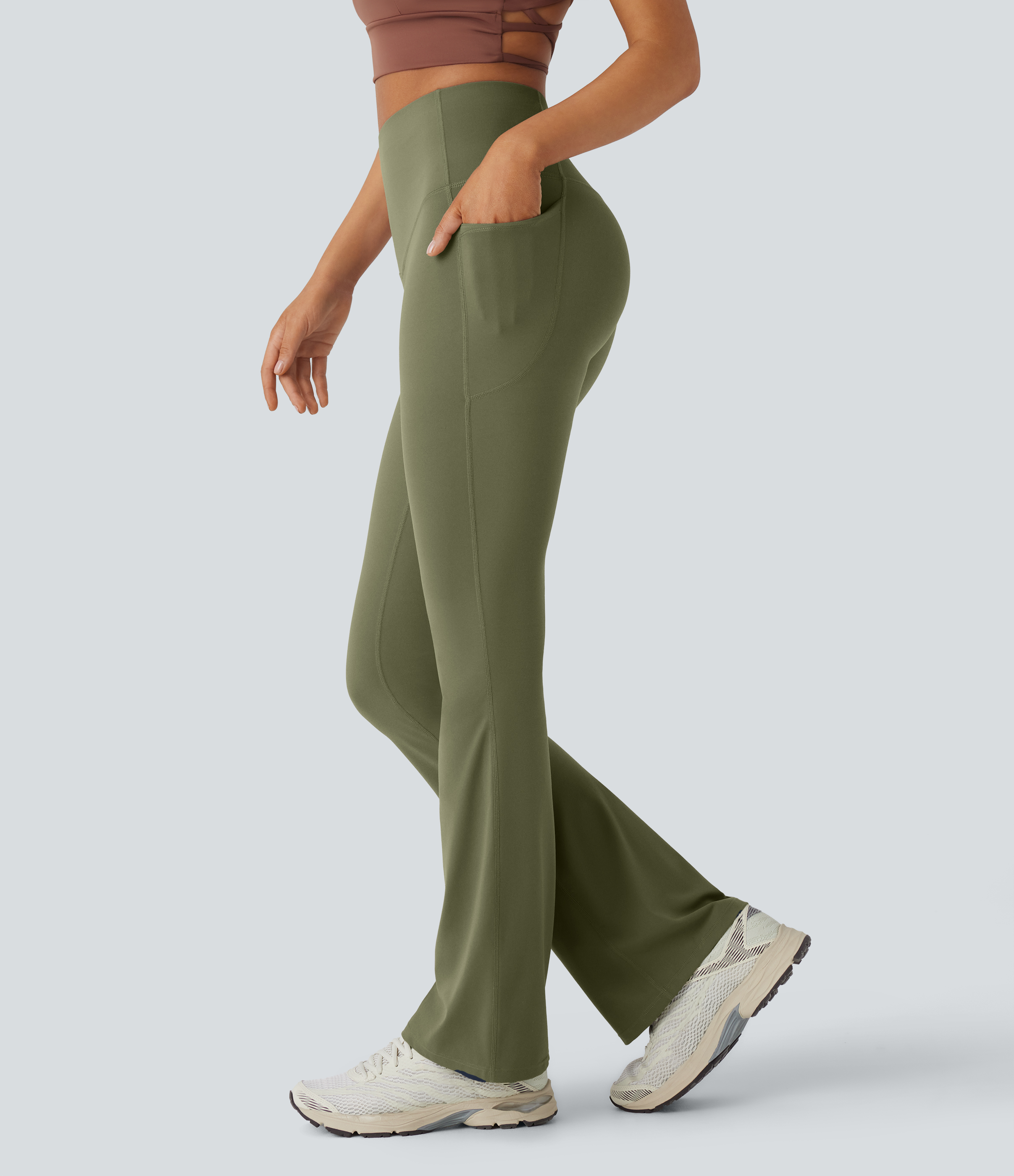 UltraSculpt™ SoCinched High Waisted Tummy Control Pocket Shaping Yoga Bootcut Leggings  - Grass Grey Green