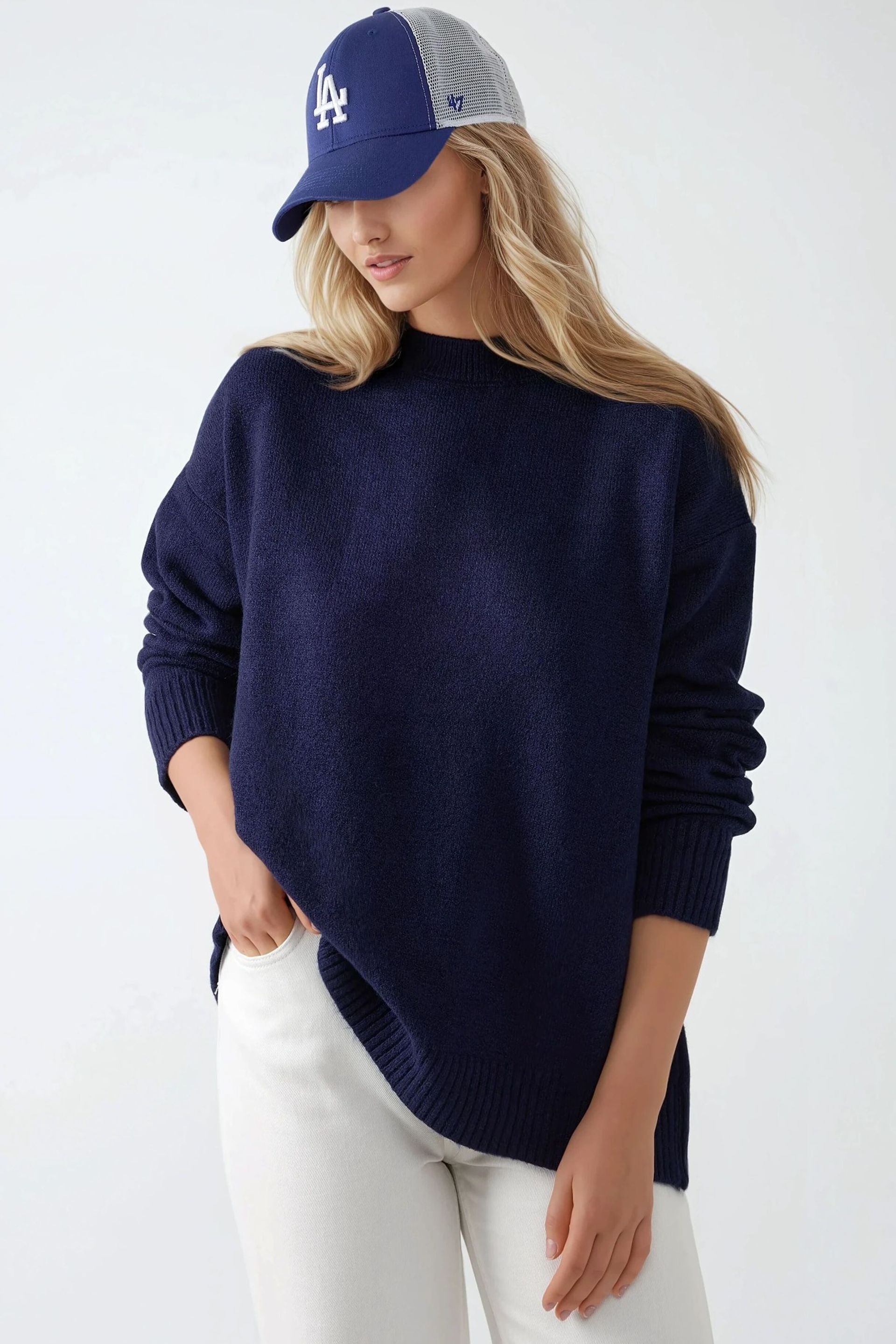 Blue Cozy Crew Neck Knit Sweater Women