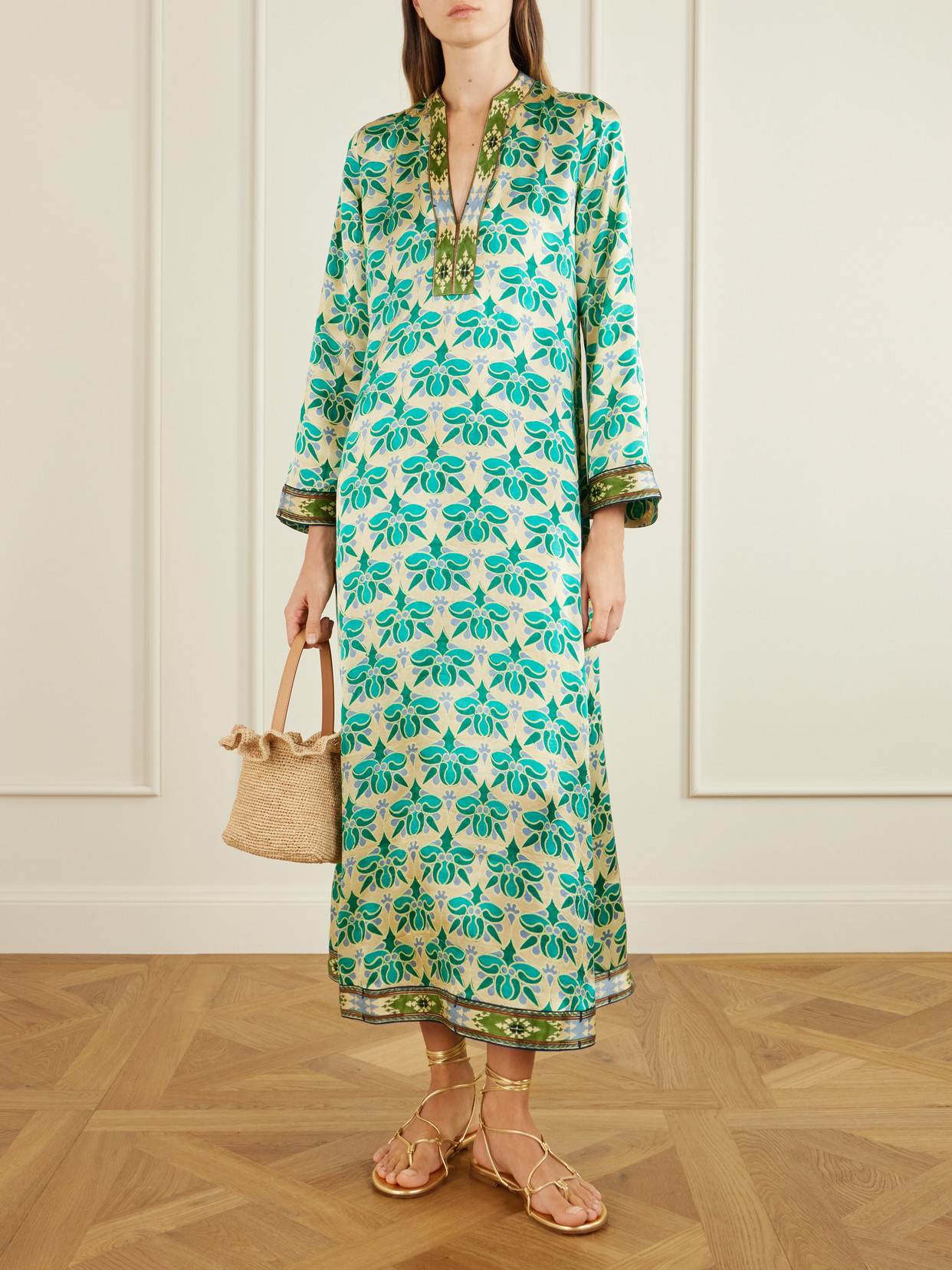 Jenna Jewelry Mare Printed Silk-satin Midi Dress - Turquoise
