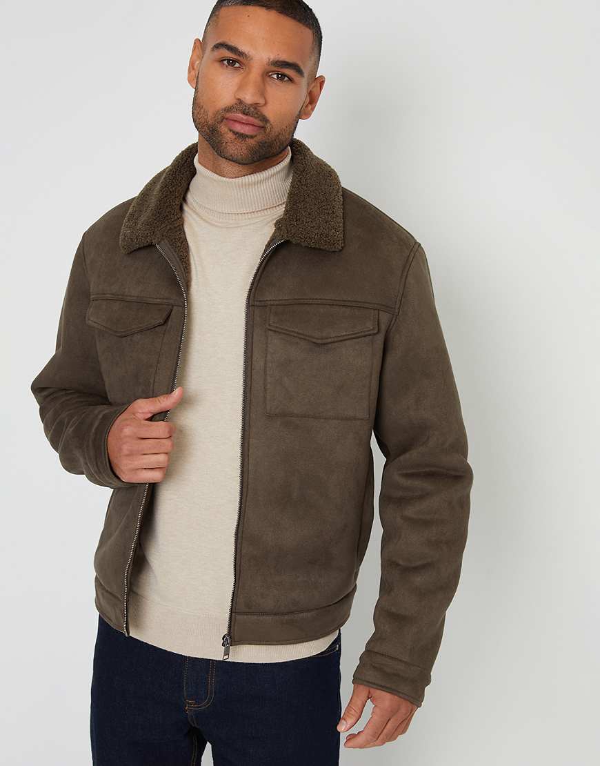 Faux suede borg lined aviator jacket in khaki-Green
