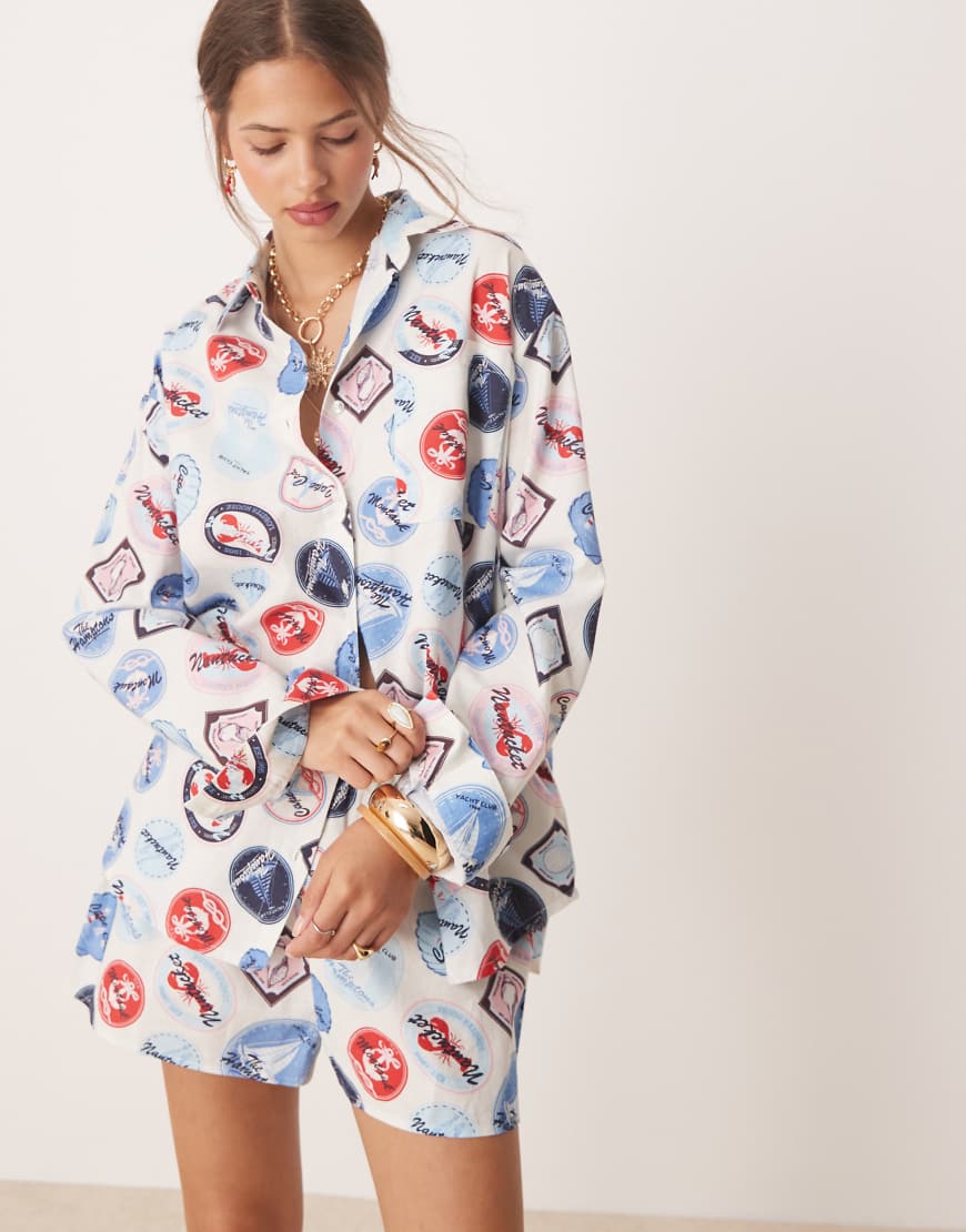 Oversized shirt co-ord in hamptons print-Multi