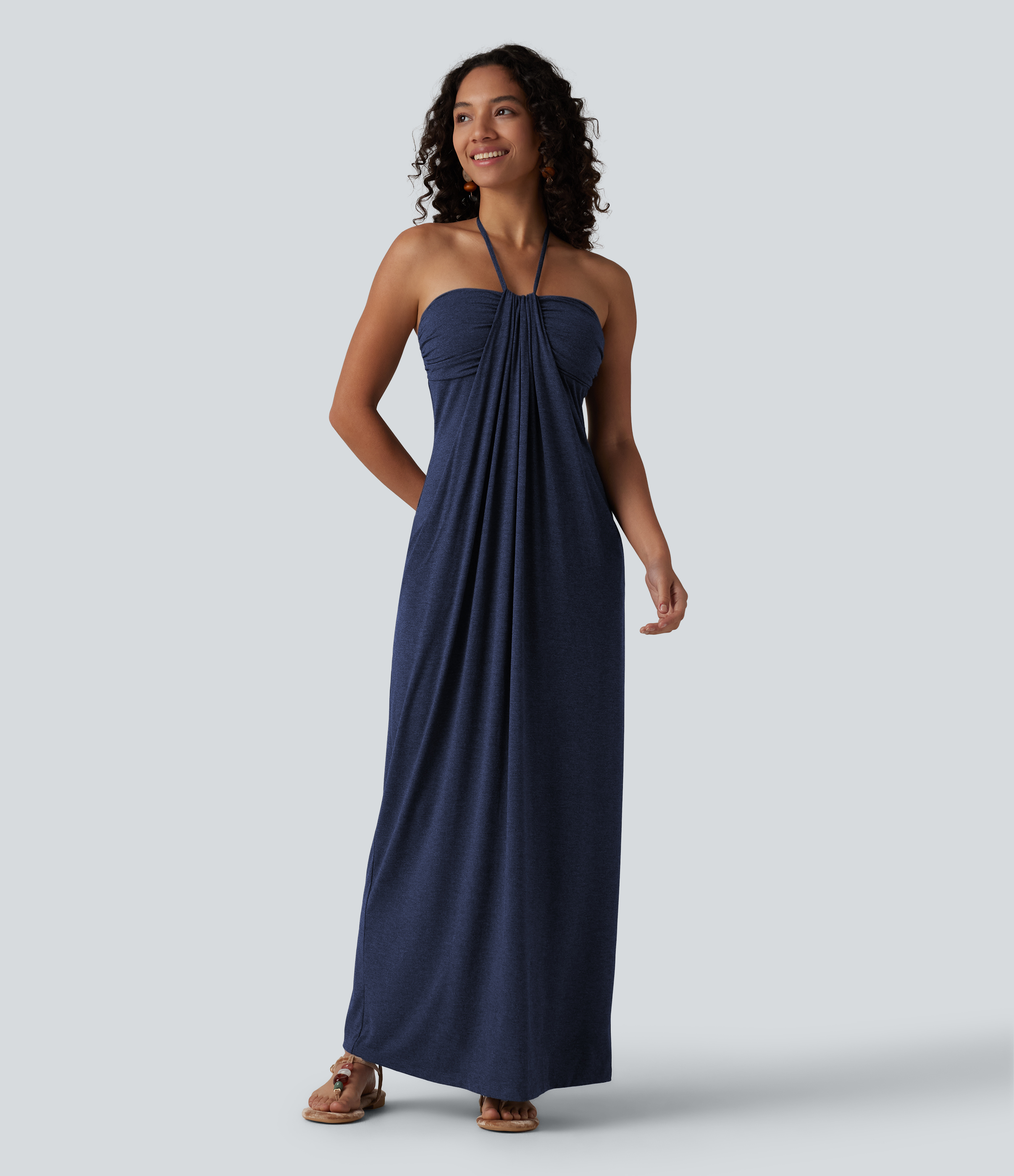 Halter Tie Back Built-in Bra Maxi Dress with Pockets Casual Dress - Naval Academy
