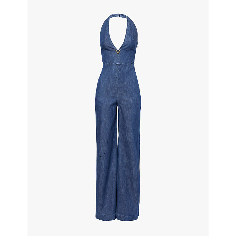 Womens Medium Blue Denim Plunge-neck Flared-leg Chambray Jumpsuit