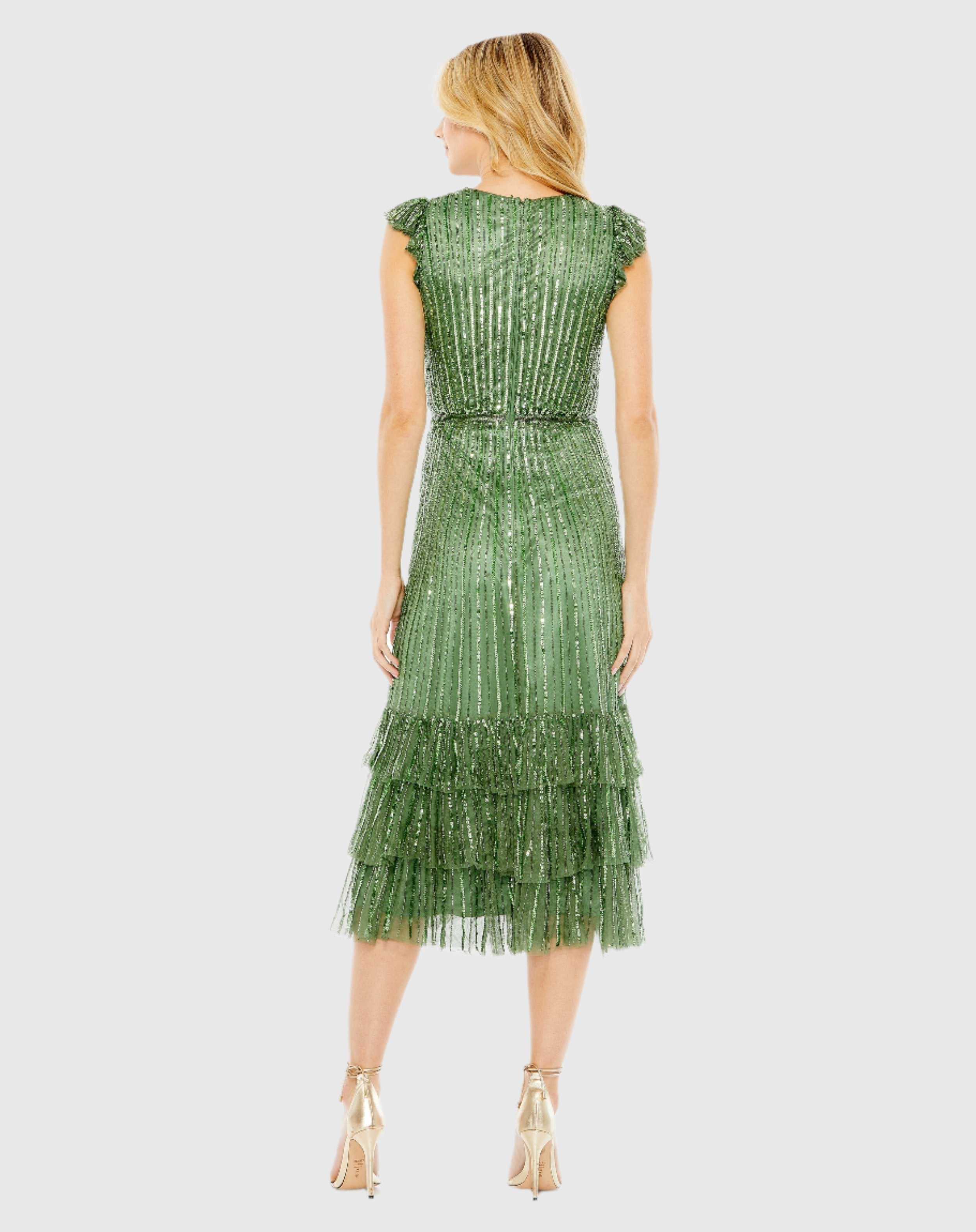 Sequined Wrap Over Cap Sleeve Ruffle Hem Wedding Guest Dress In Sage Green