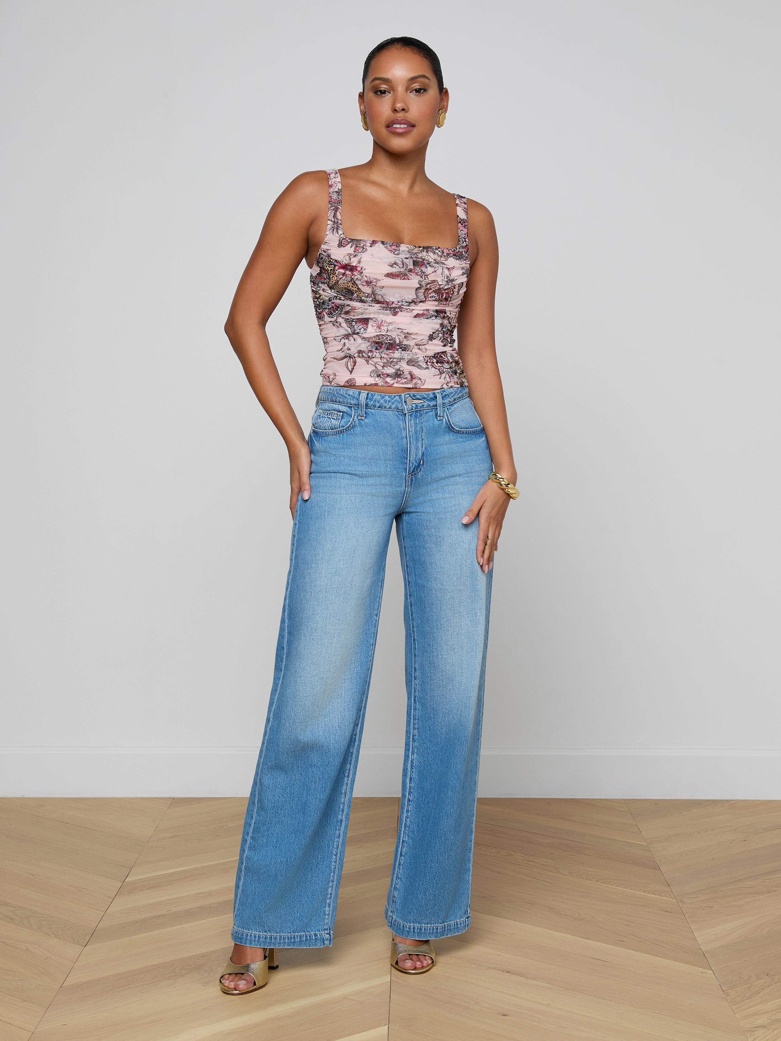 Rasha Shirred Mesh Tank Top In Light Nectar Pink Small Multi Butterfly Jungle