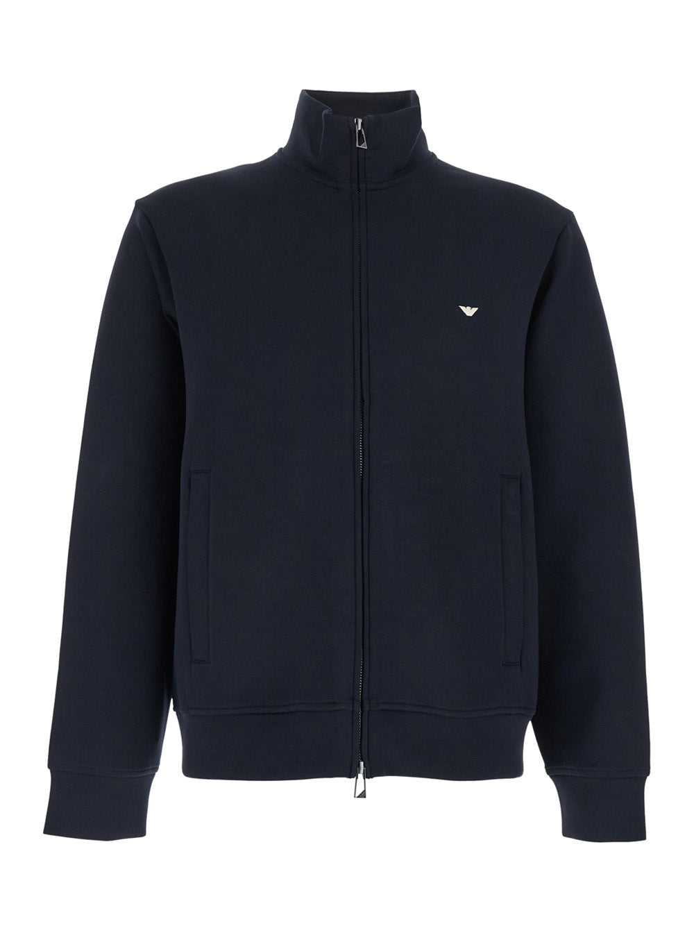 High-Neck Zip-Front Cotton Blend Sweatshirt — Navy