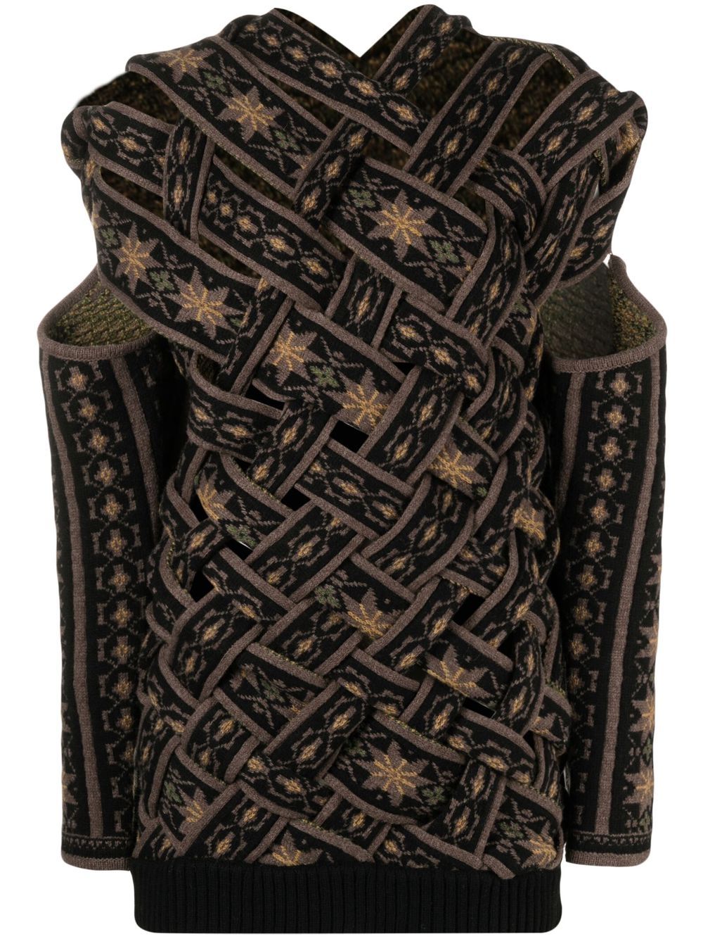 Pattern-intarsia knit cut-out jumper - Brown