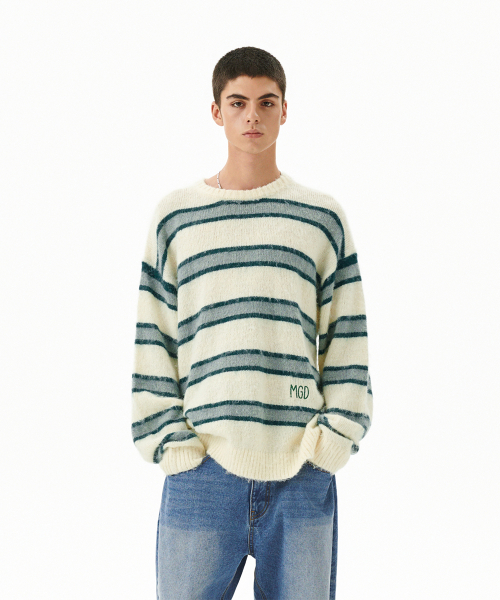 HAIRY STRIPE KNIT SWEATER IVORY