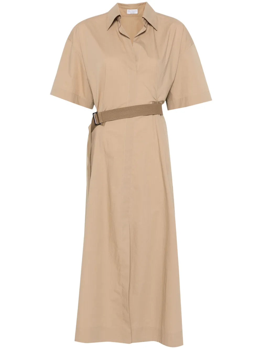 Belted Poplin Midi Dress — Beige