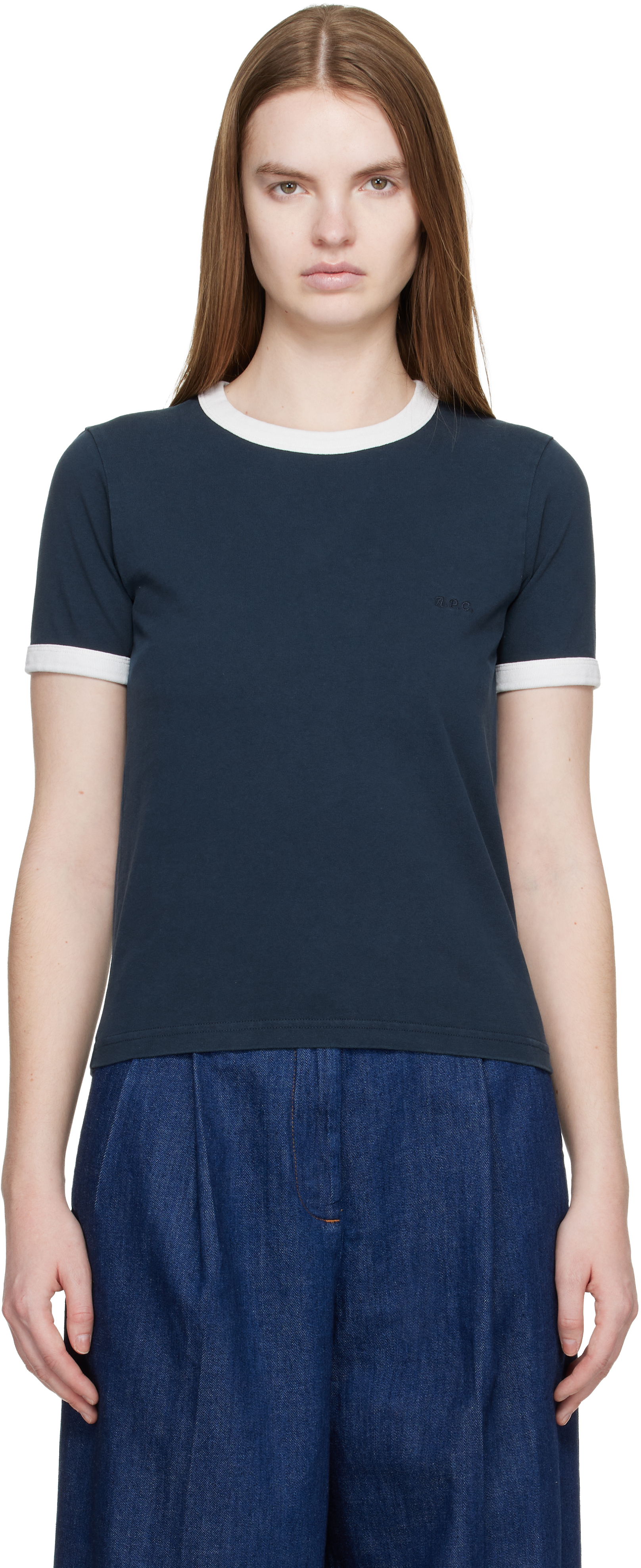 Navy Crop Manche Courte Contrast T-shirt