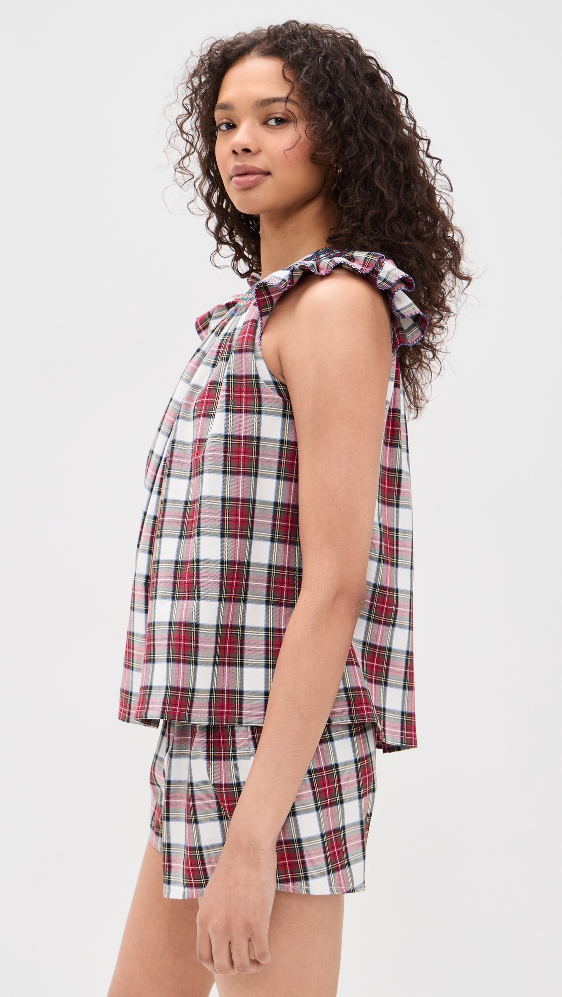 Smocked Short Pajama Set Cotton White Tartan