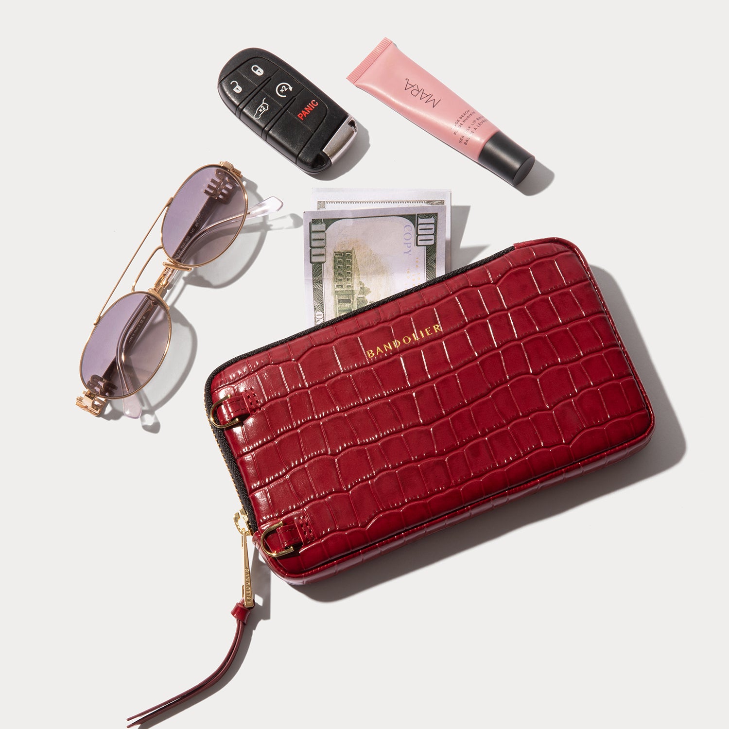 Expanded Zip Pouch in Red Croc/Gold | Genuine Leather |