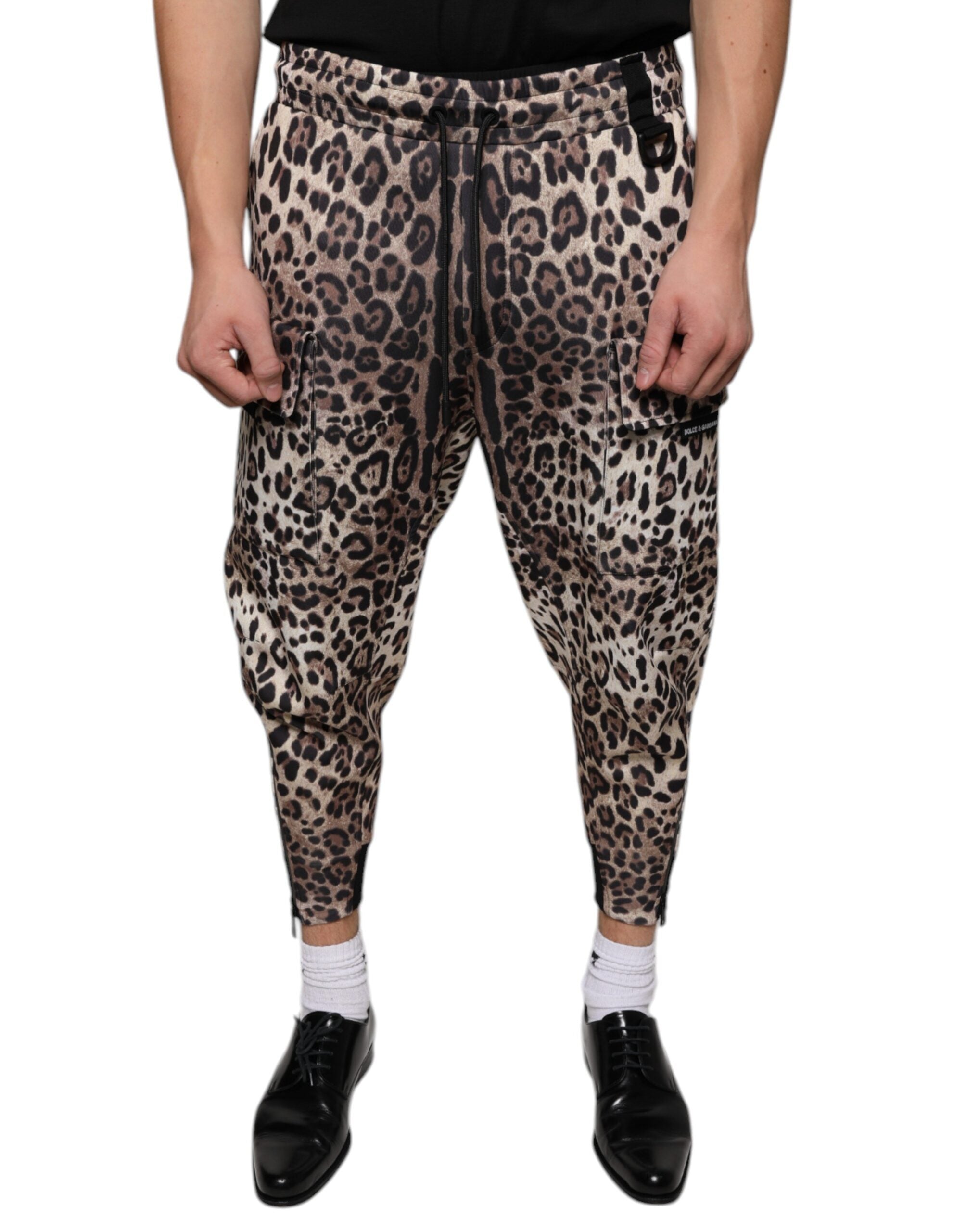 Leopard Print Polyester Jogger Pants — Brown