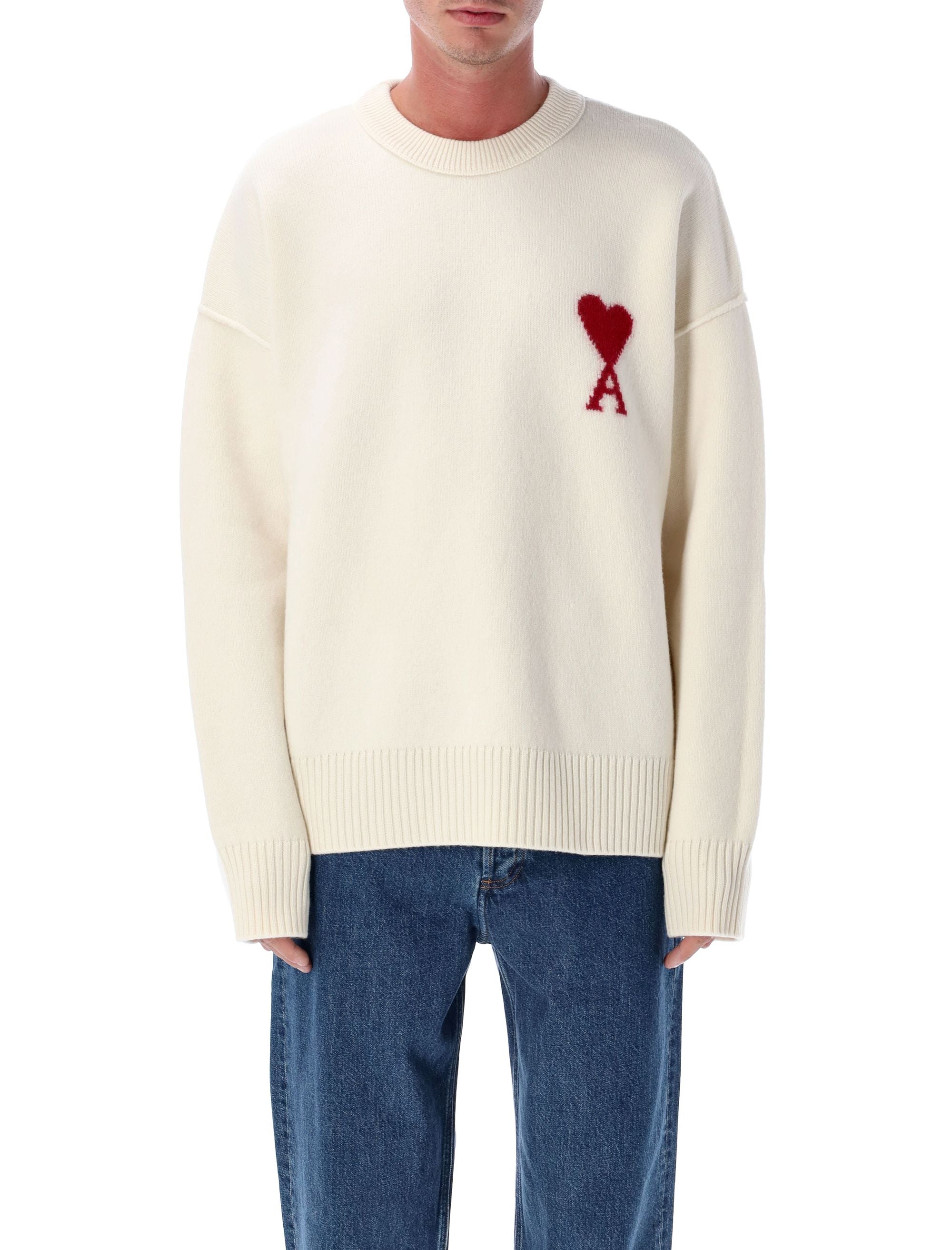 Ami of Coeur Wool Crewneck Sweater with Intarsia Chest Detail