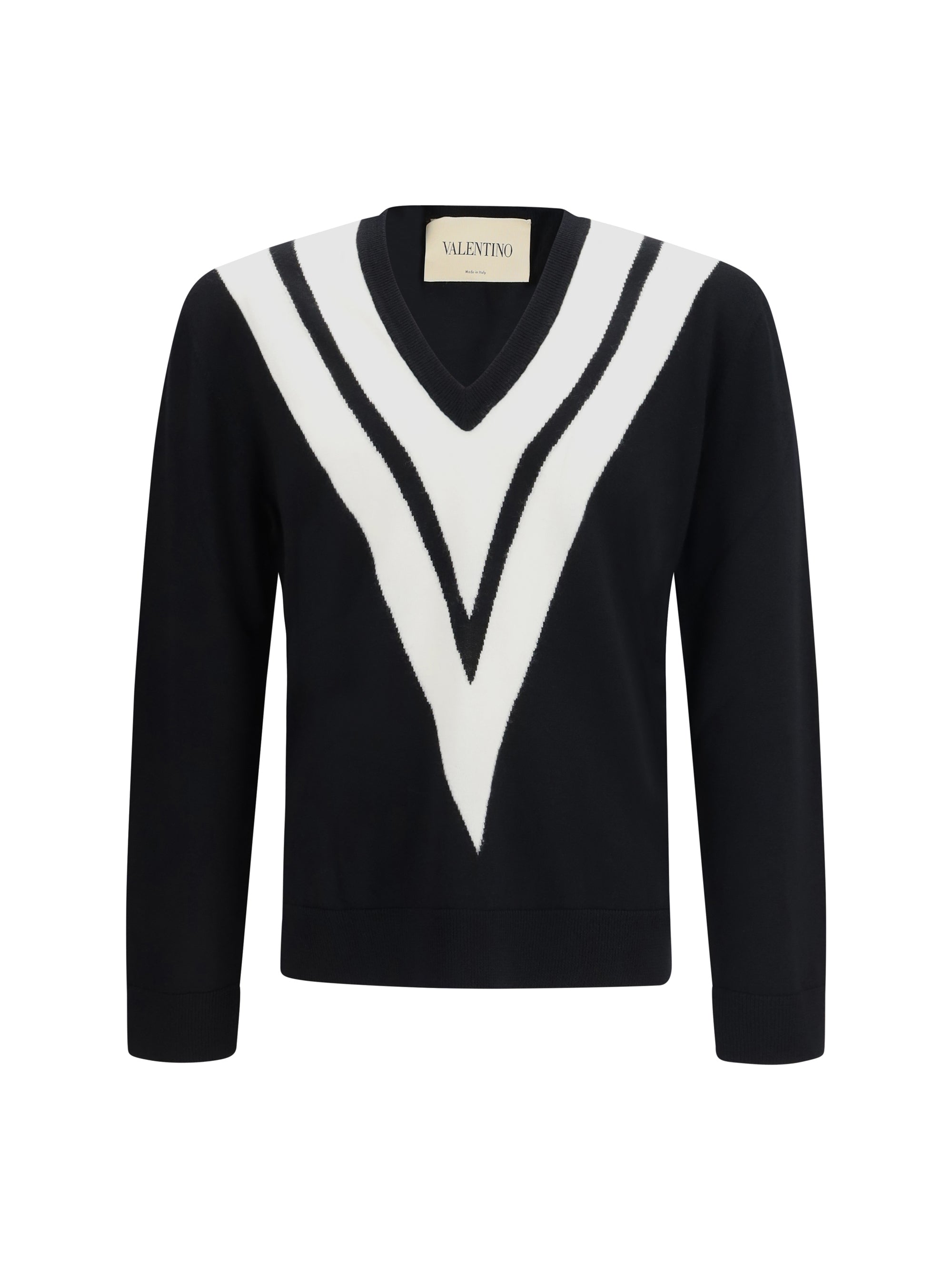 Intarsia V-Detail Sweater — Black