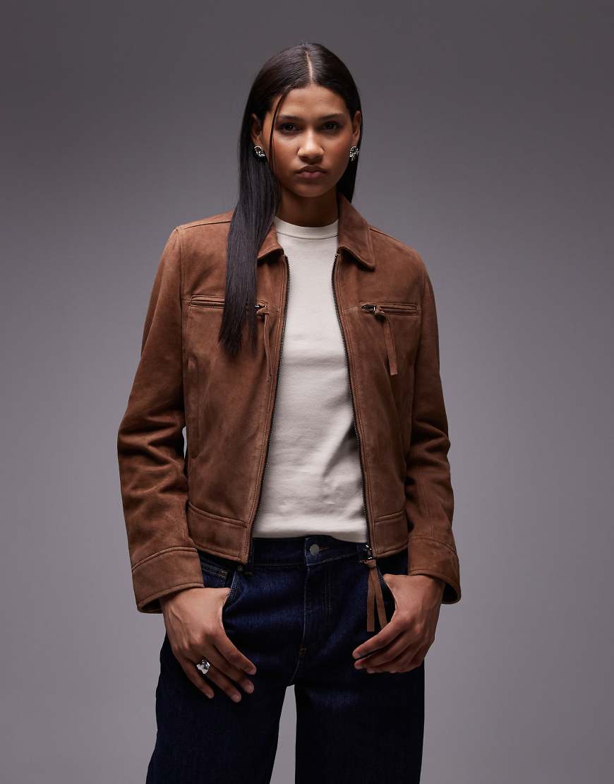 Suede zip through fitted moto jacket in cognac-Neutral