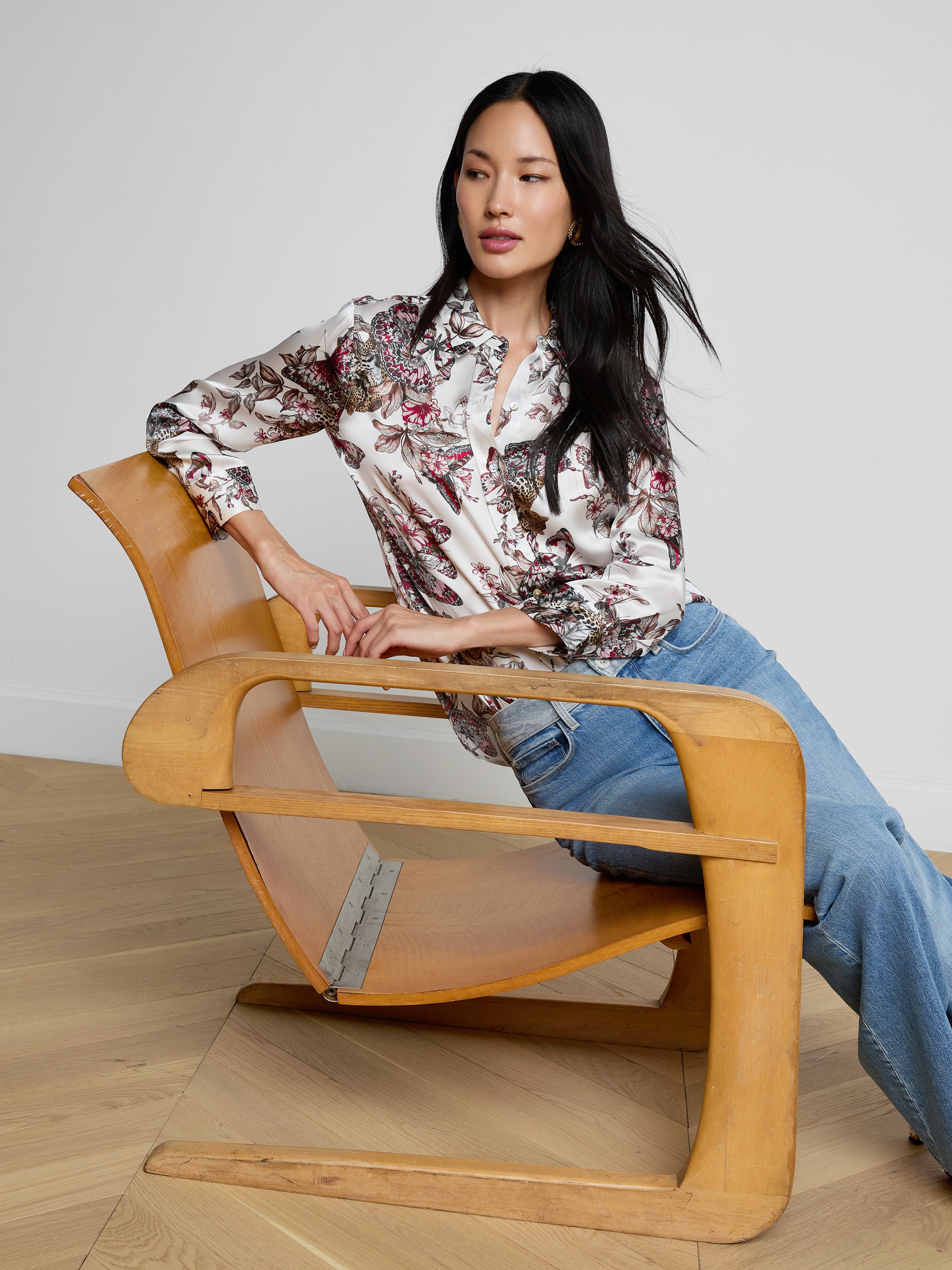 Dani Silk Blouse Top In White Multi Small Butterfly Jungle