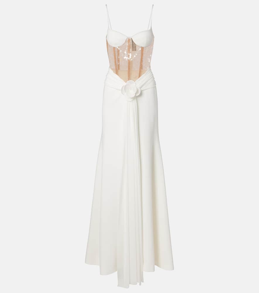 Floral-appliqué sequined bustier gown