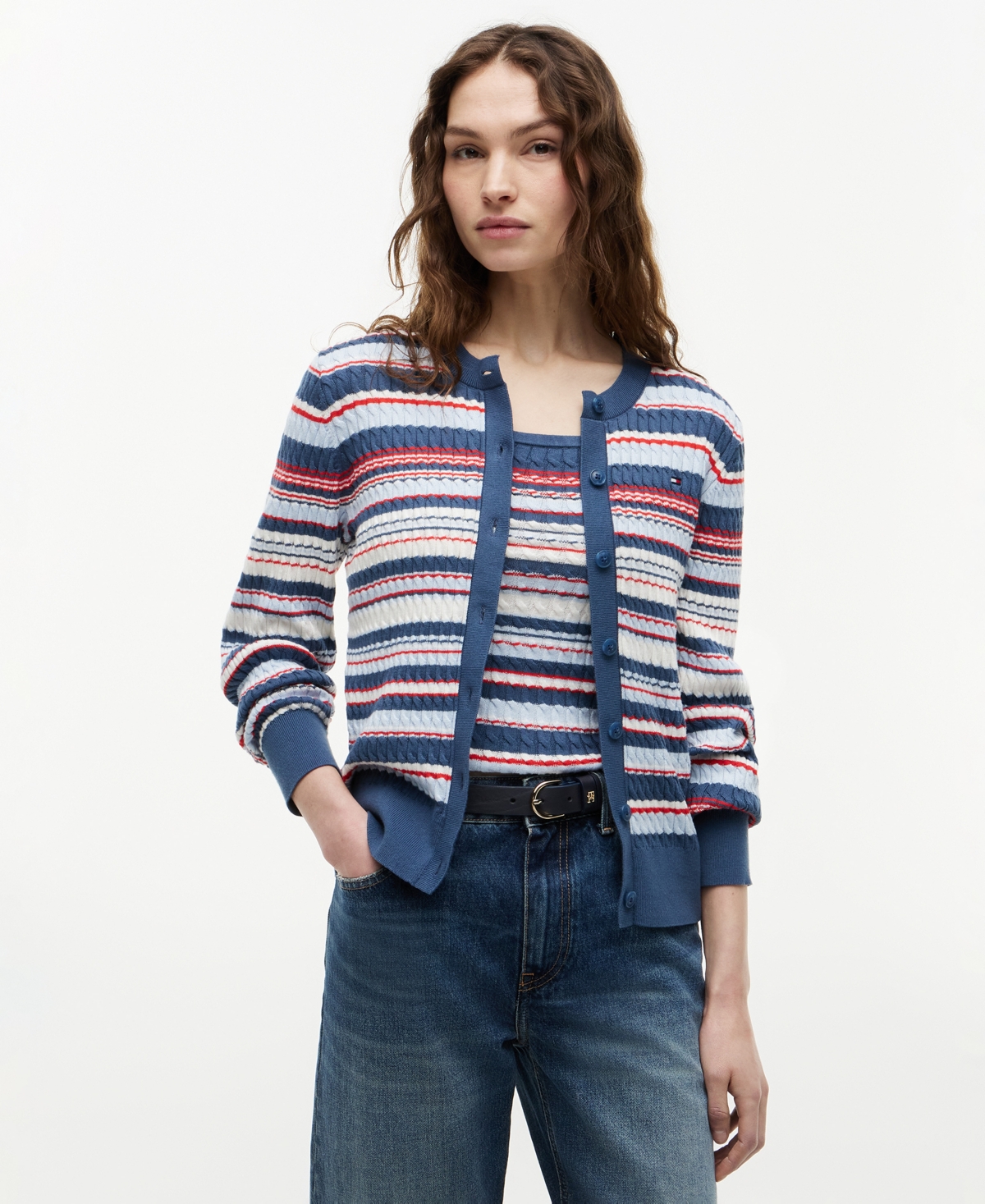 Women's Crewneck Cable Knit Sweater - Blue/red Multi Stp
