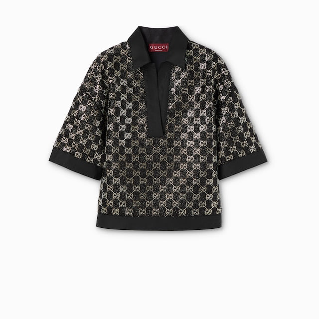 Light Wool Tweed Lamé Shirt with GG Crystal Embellishment