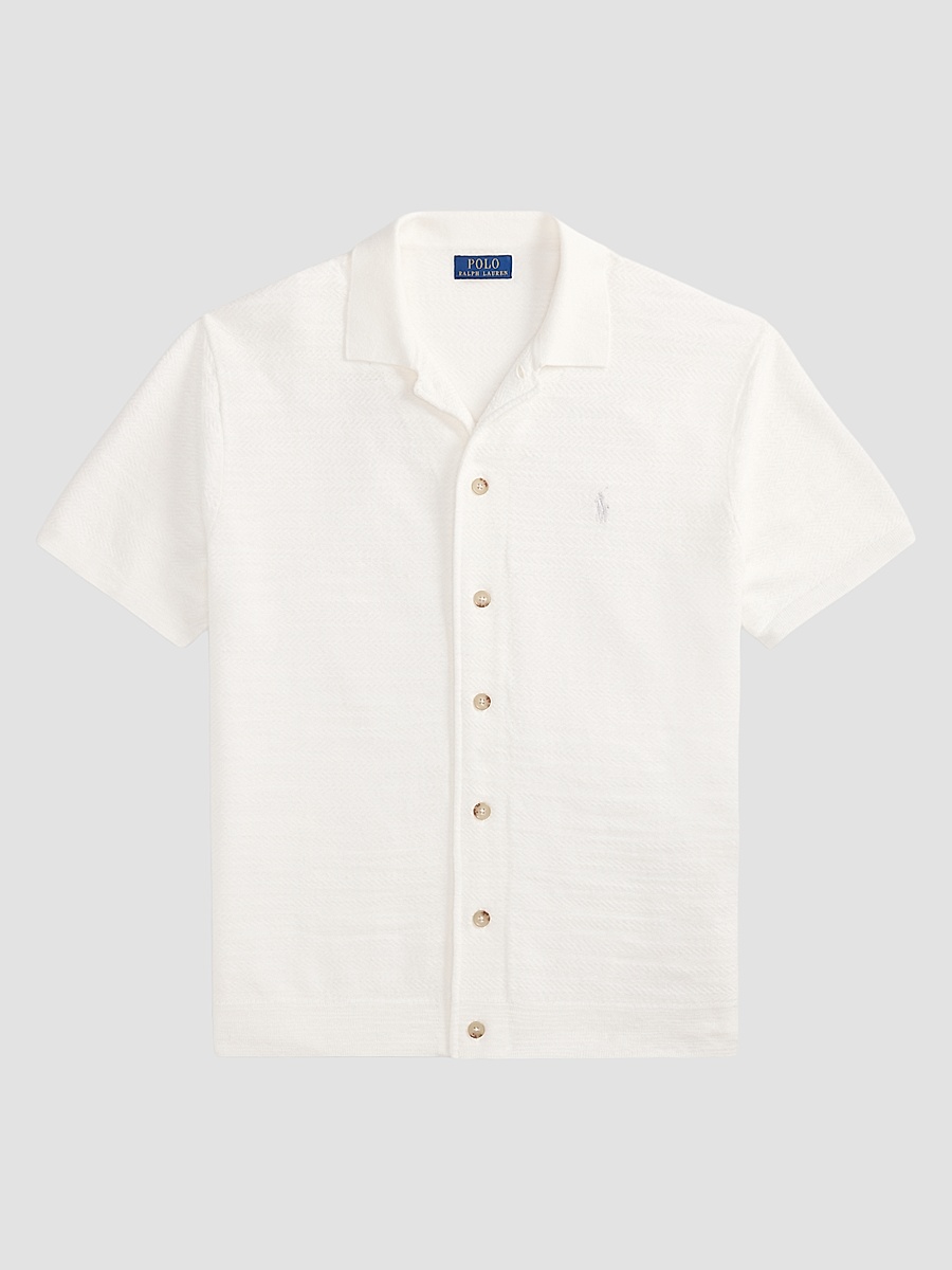 Men's Herringbone Cotton-Linen Short-Sleeve Cardigan - Deckwash White
