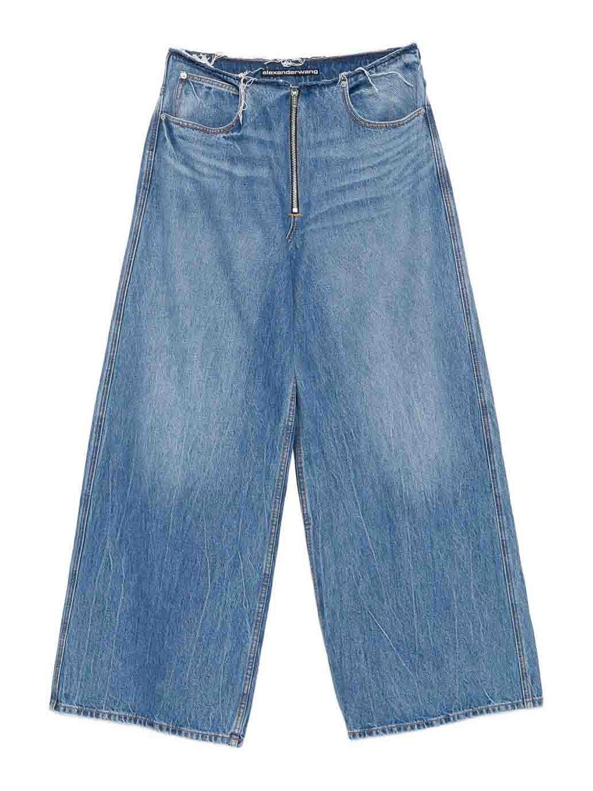 Frayed Waist Wide Leg Zip-Up Jeans