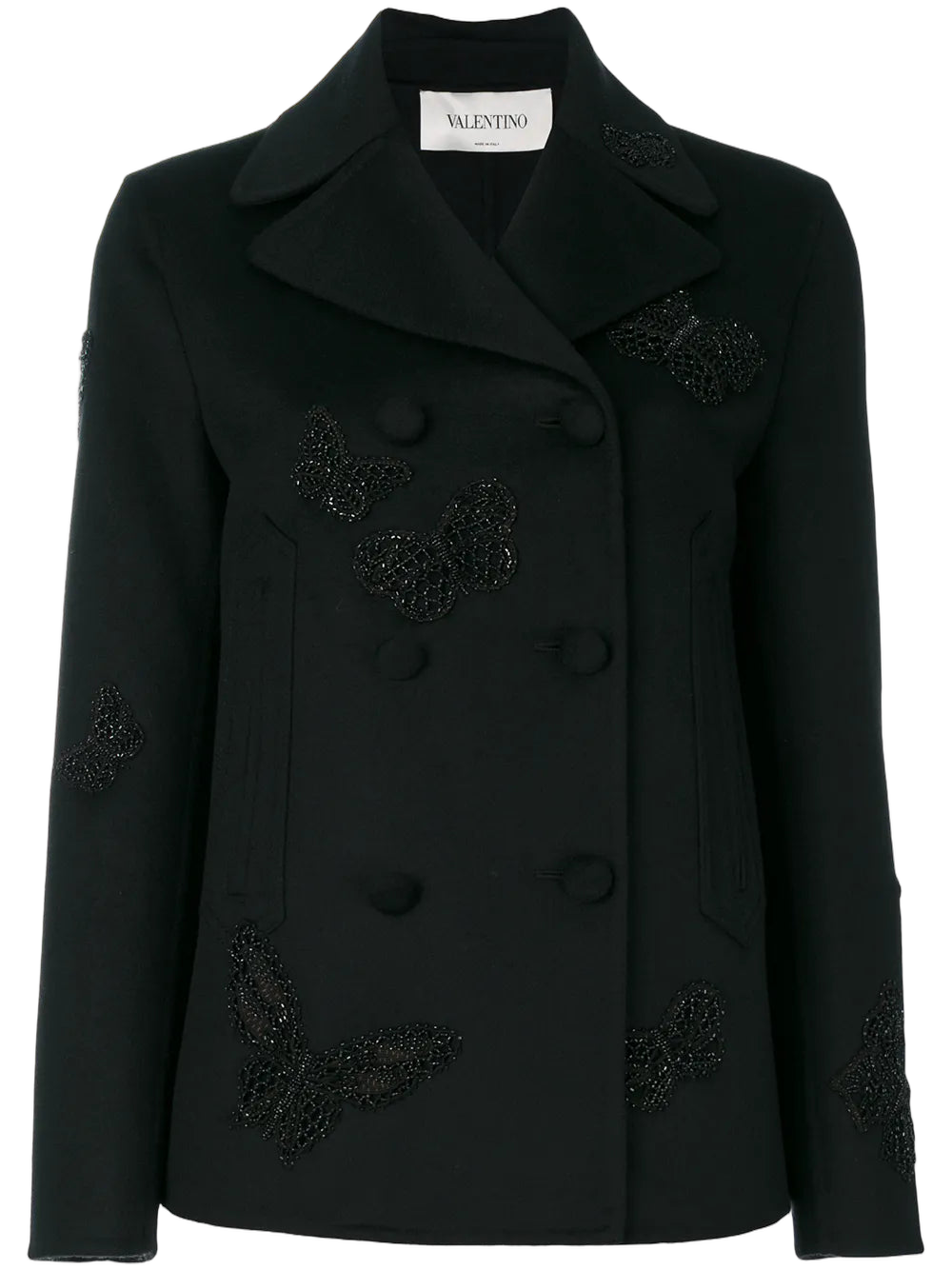Butterfly-Embroidered Wool Silk Blend Blazer — Black